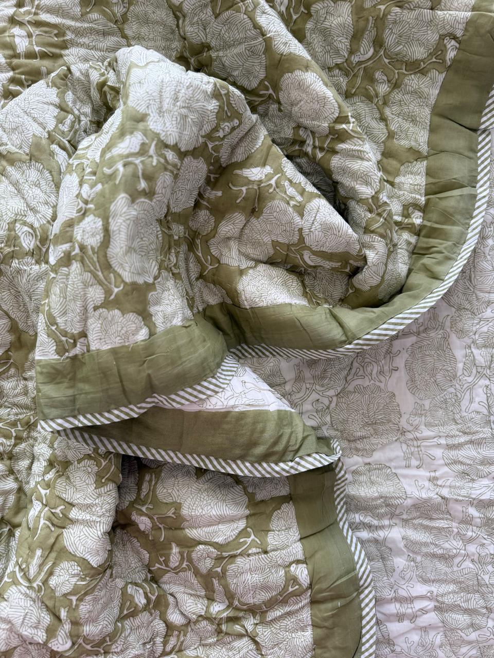 Royal King Quilt - Organic Cotton - Green Bird