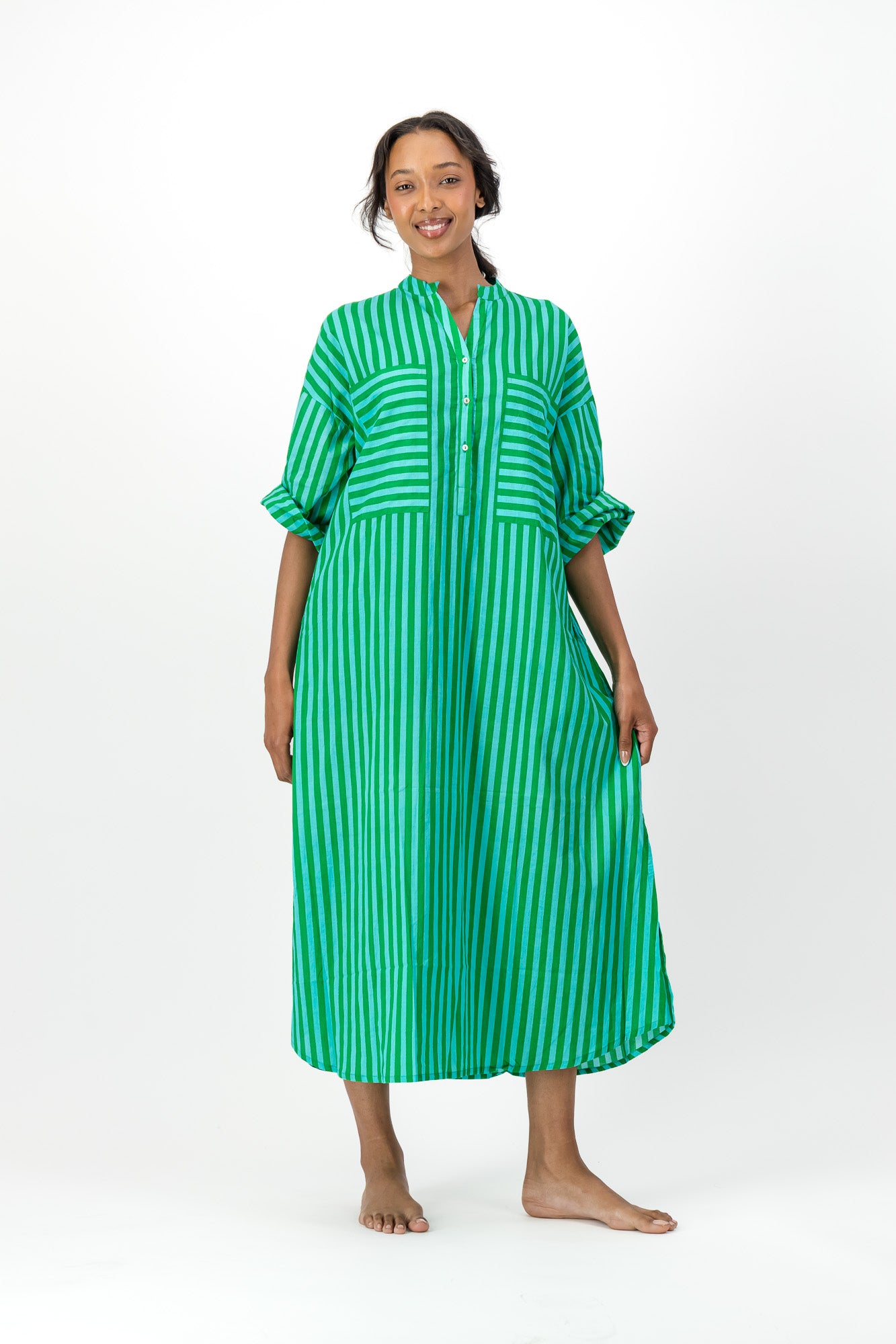 Madeline Dress - Green & Blue Stripe