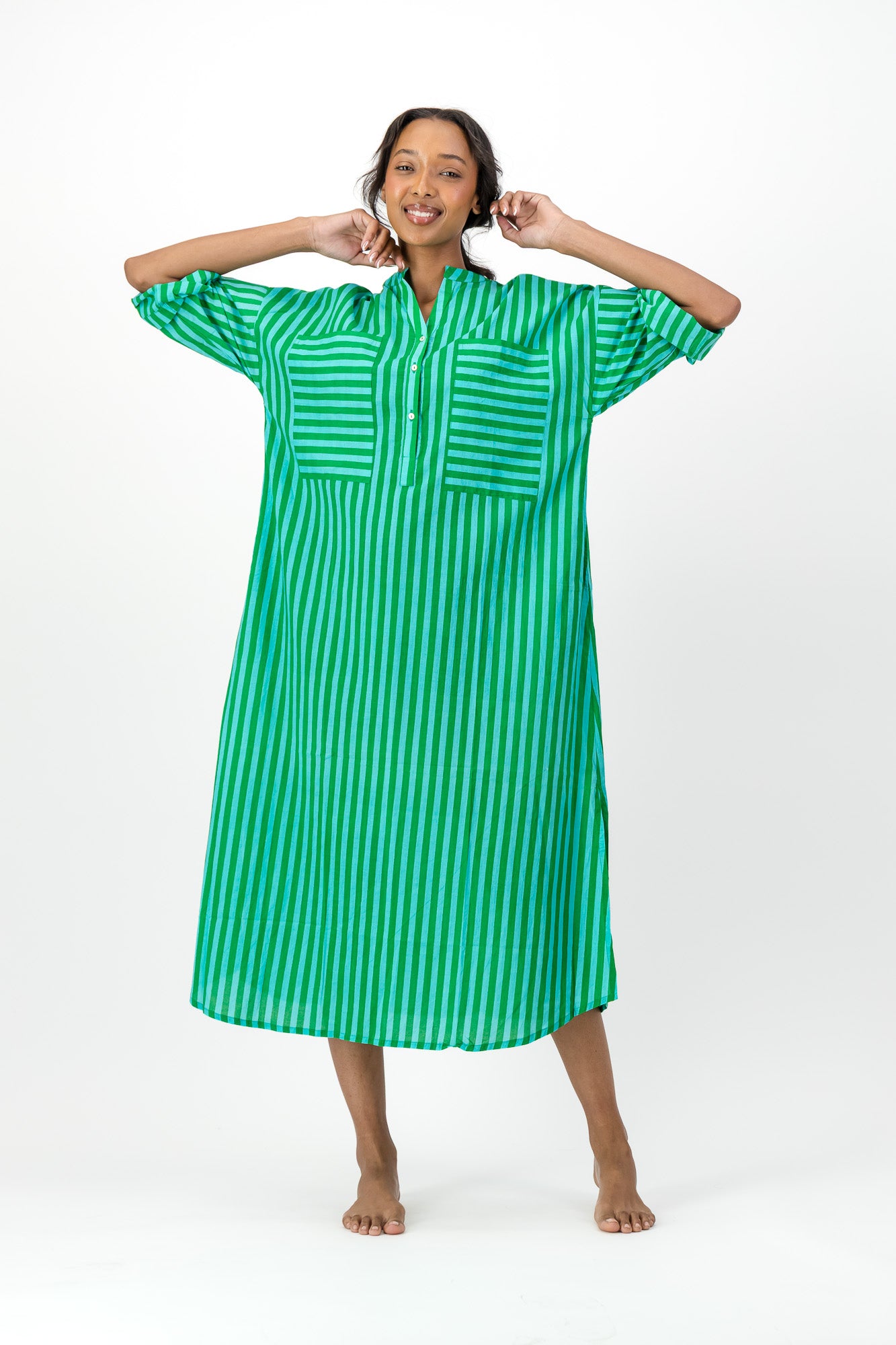 Madeline Dress - Green & Blue Stripe