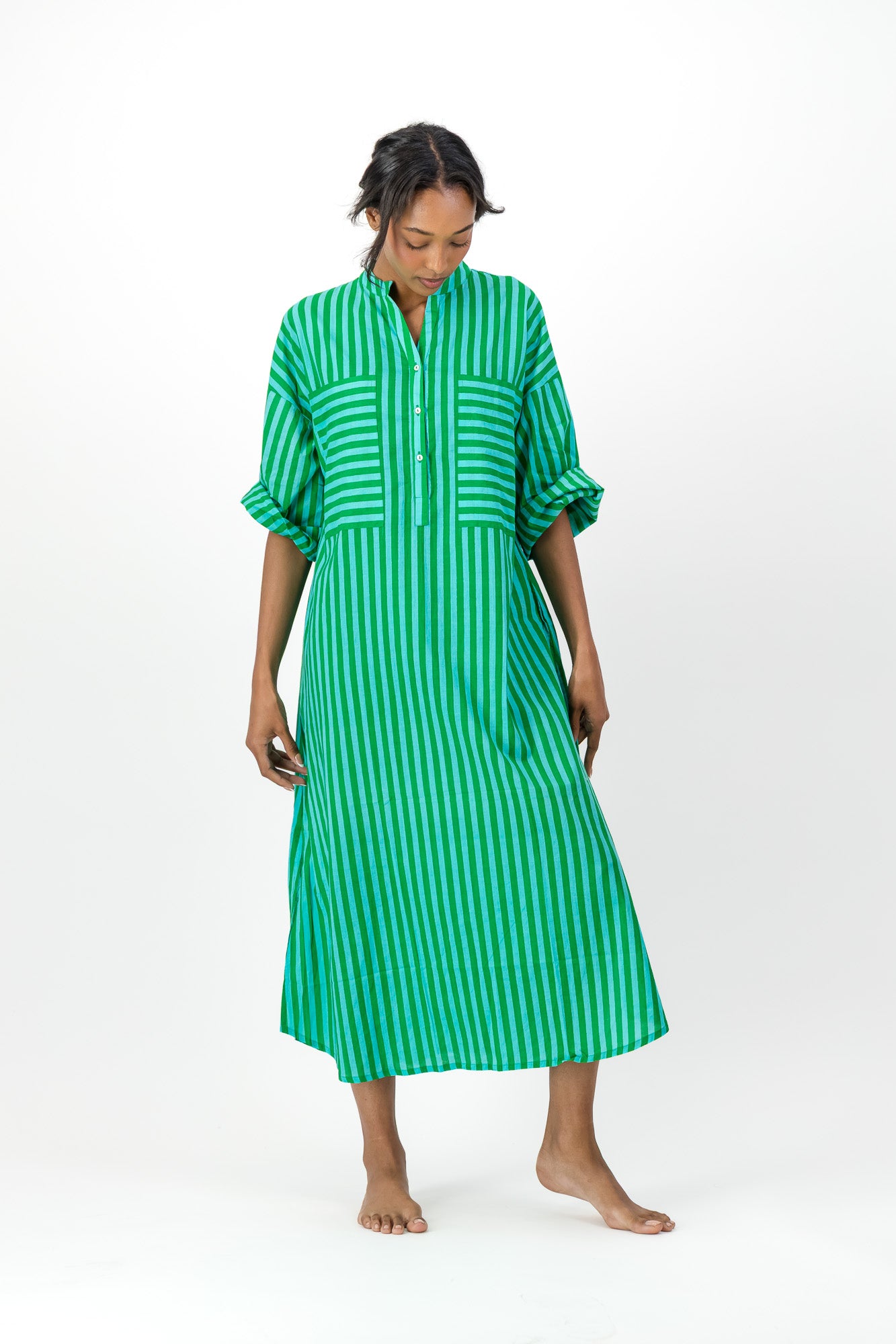 Madeline Dress - Green & Blue Stripe