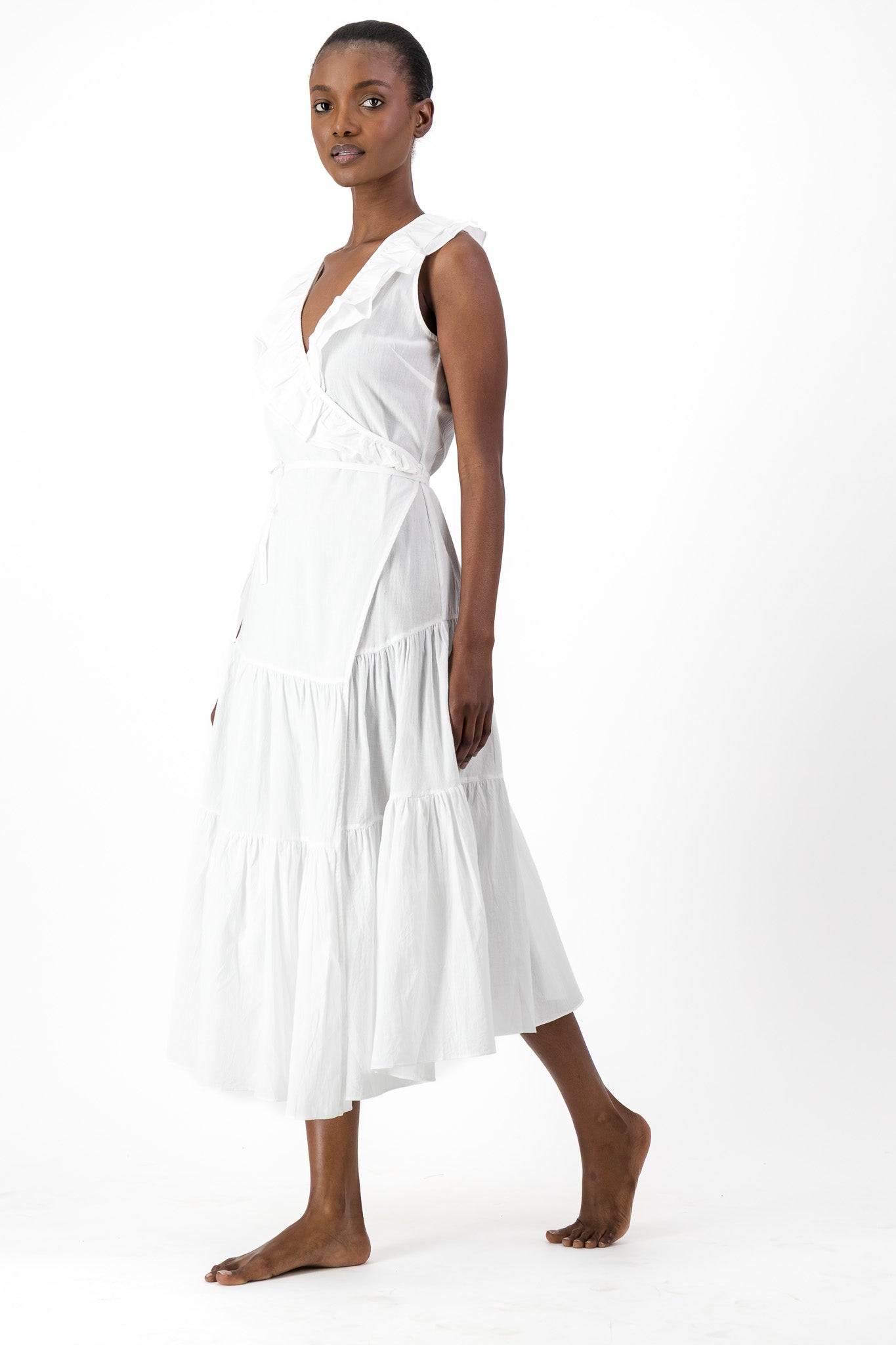 Frill Wrap Dress Handloom - White