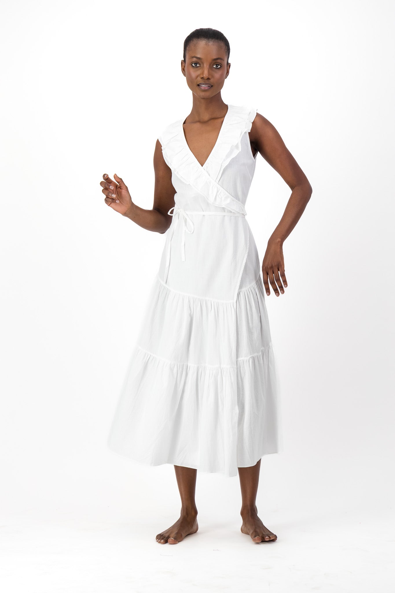 Frill Wrap Dress Handloom - White