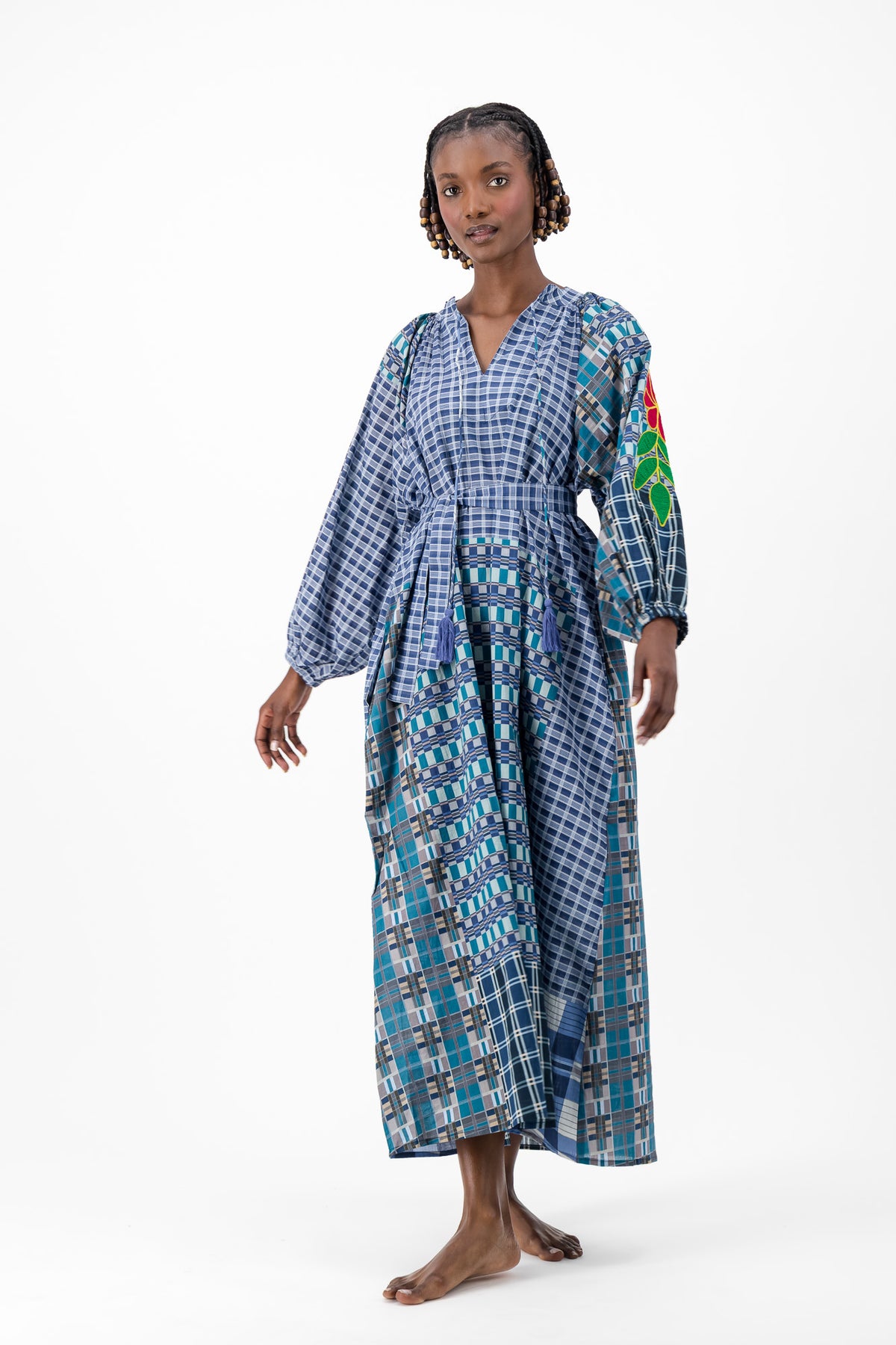 Samantha Dress - Navy Check Embroidery