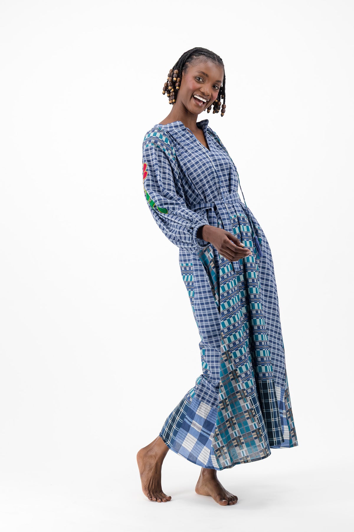 Samantha Dress - Navy Check Embroidery