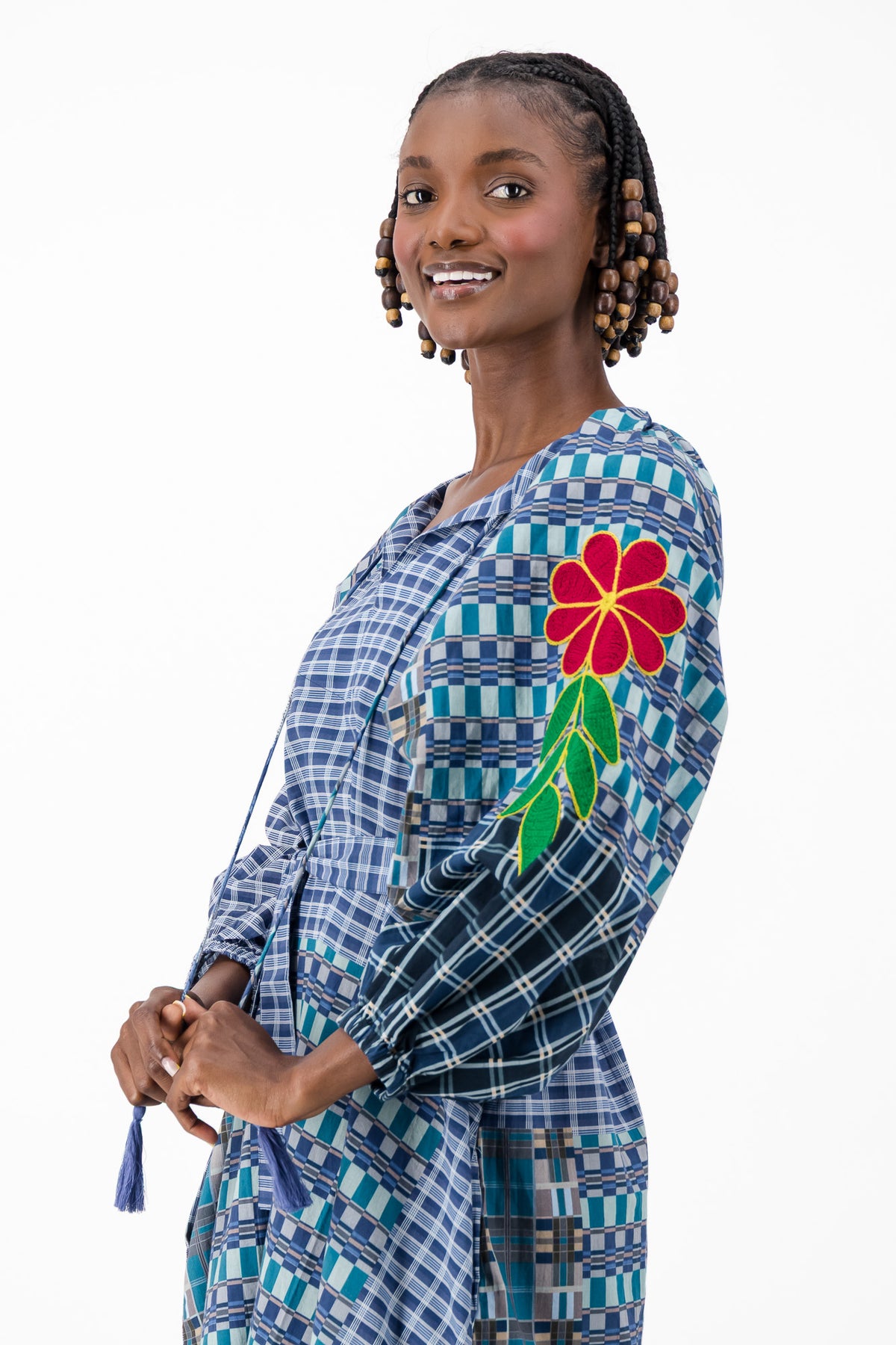 Samantha Dress - Navy Check Embroidery