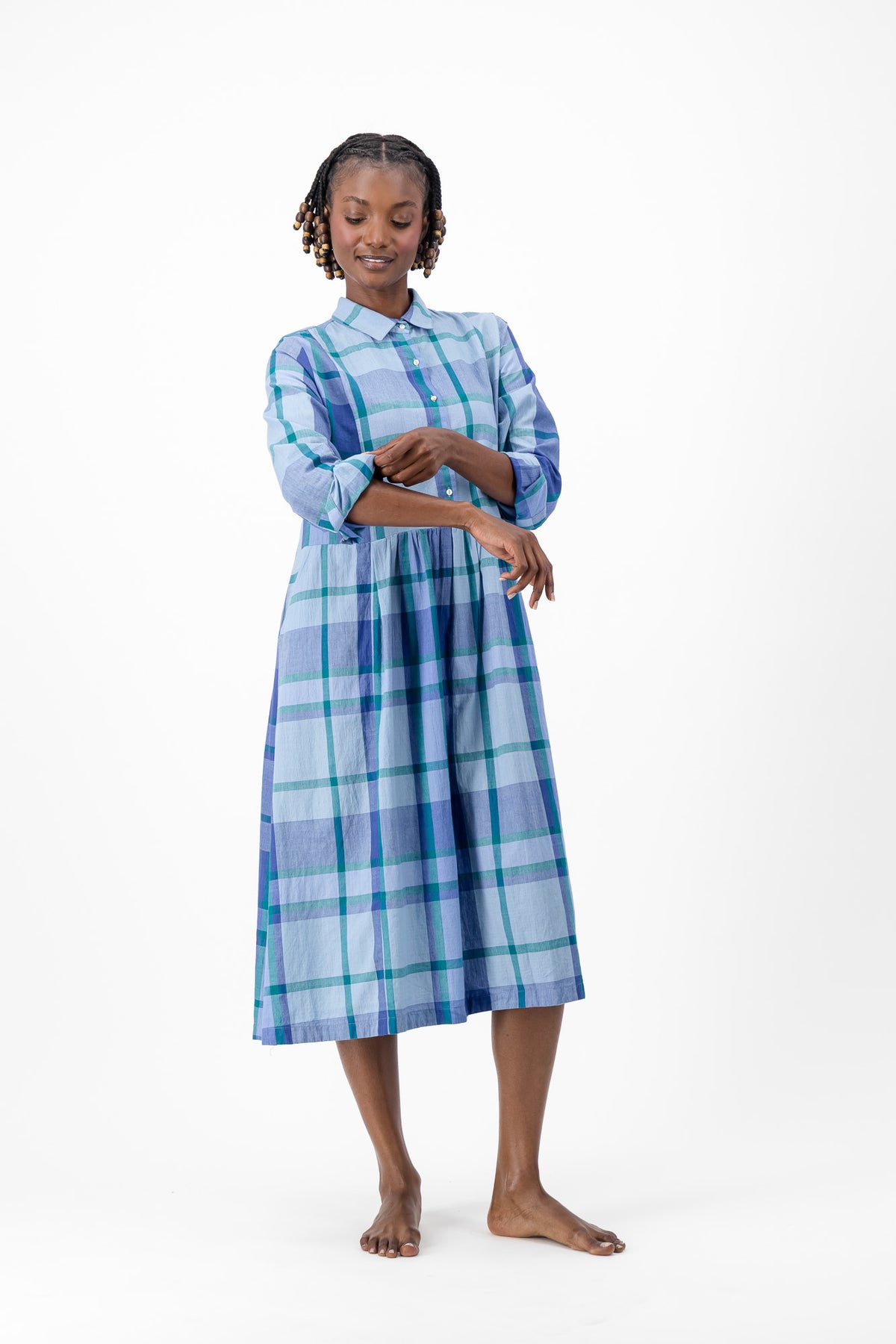 Long Sleeve Shirt Dress - Blue Check