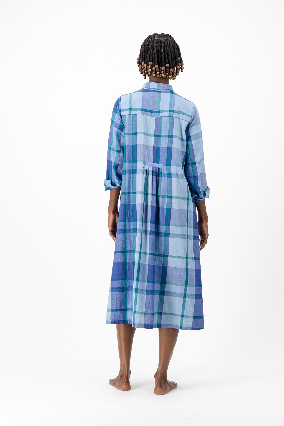 Long Sleeve Shirt Dress - Blue Check