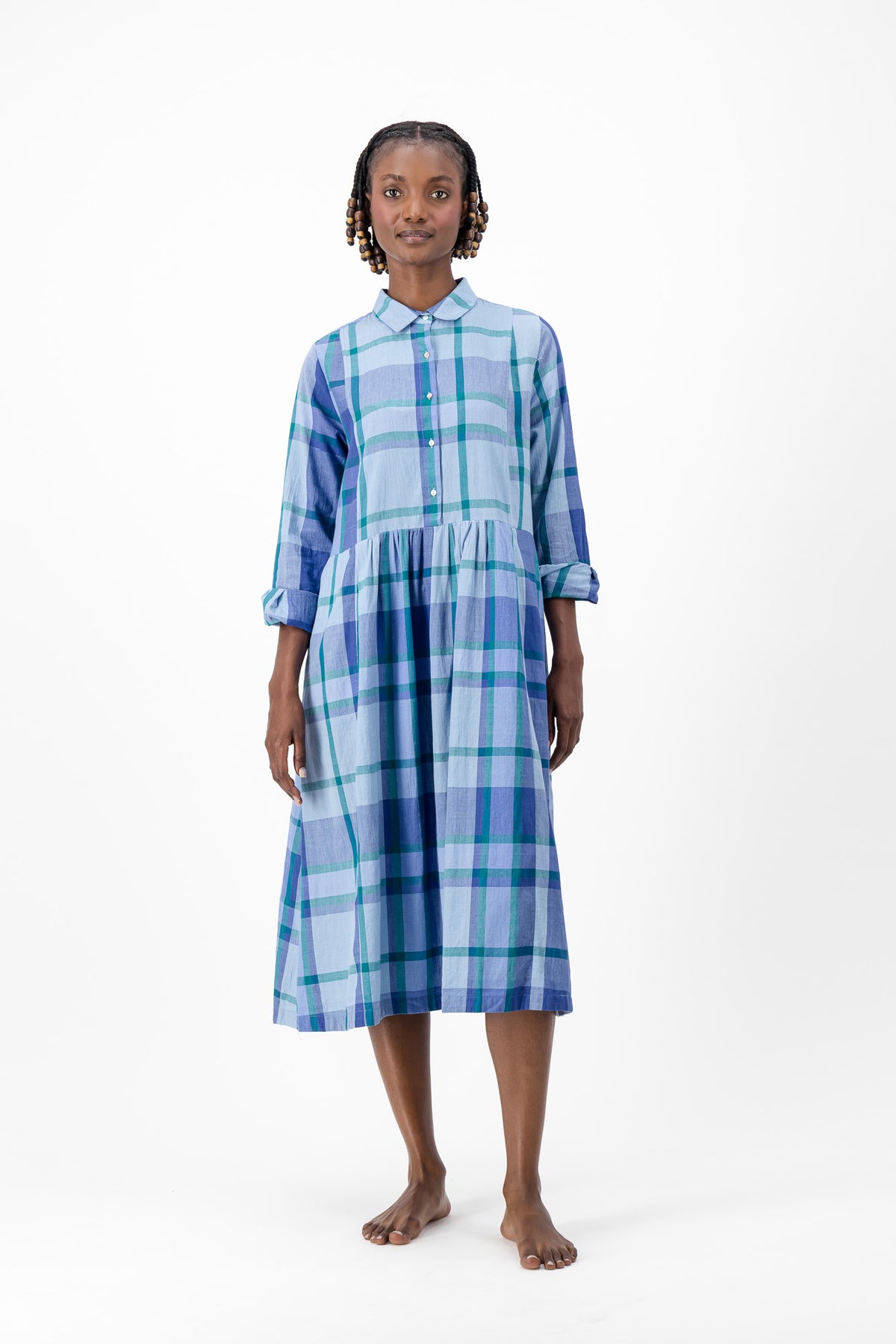 Long Sleeve Shirt Dress - Blue Check