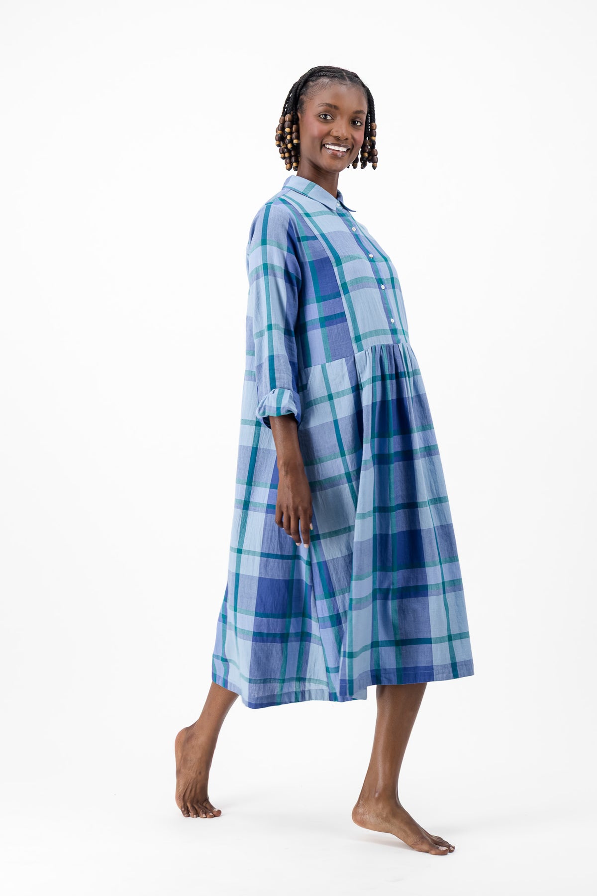 Long Sleeve Shirt Dress - Blue Check