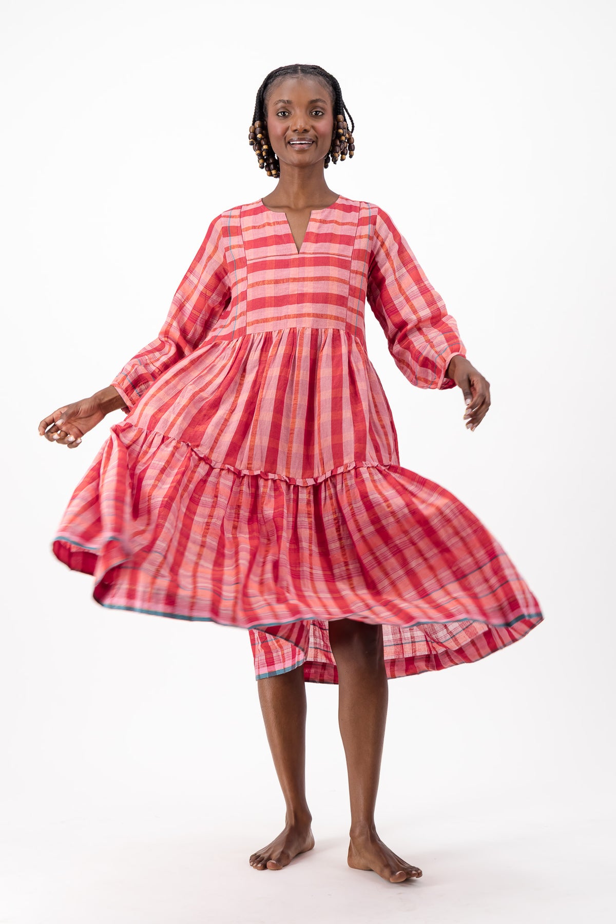 Jesse Dress Handloom - Red Check Lurex