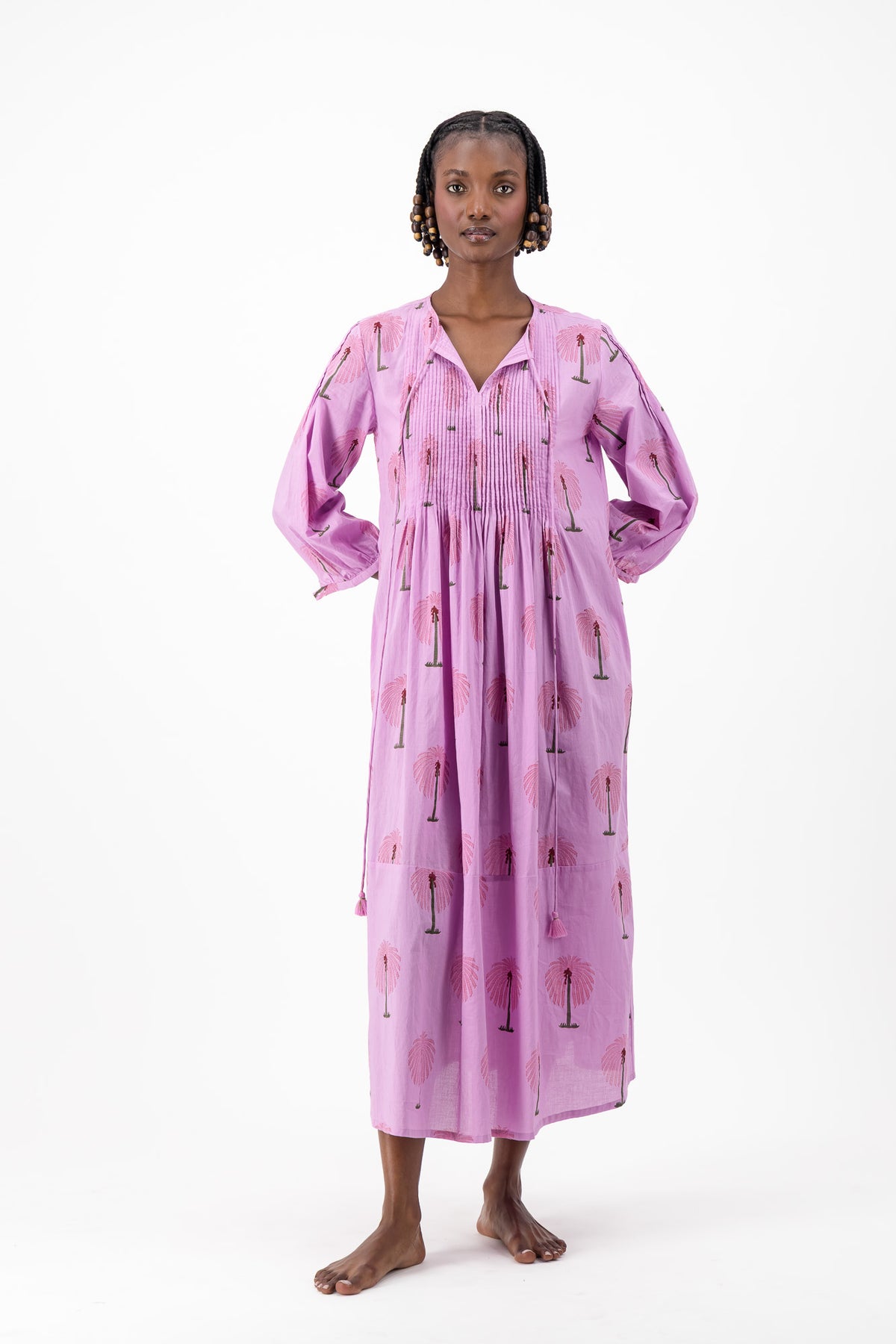 Long Pleated Kaftan - Lilac Palm