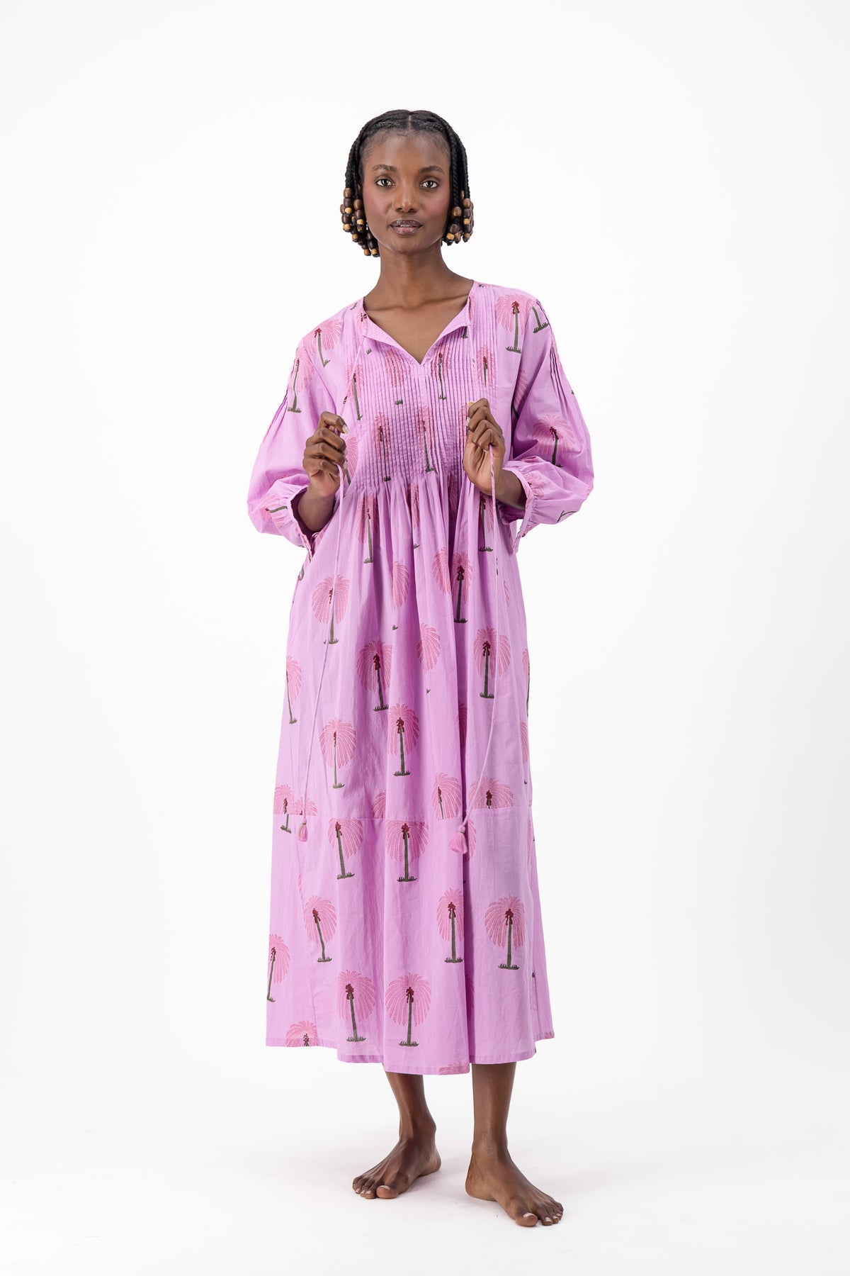 Long Pleated Kaftan - Lilac Palm