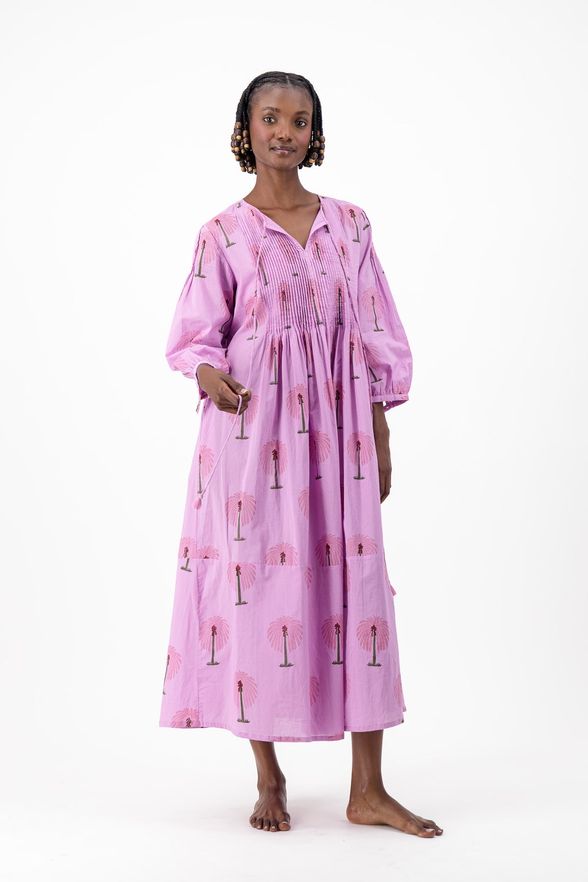 Long Pleated Kaftan - Lilac Palm