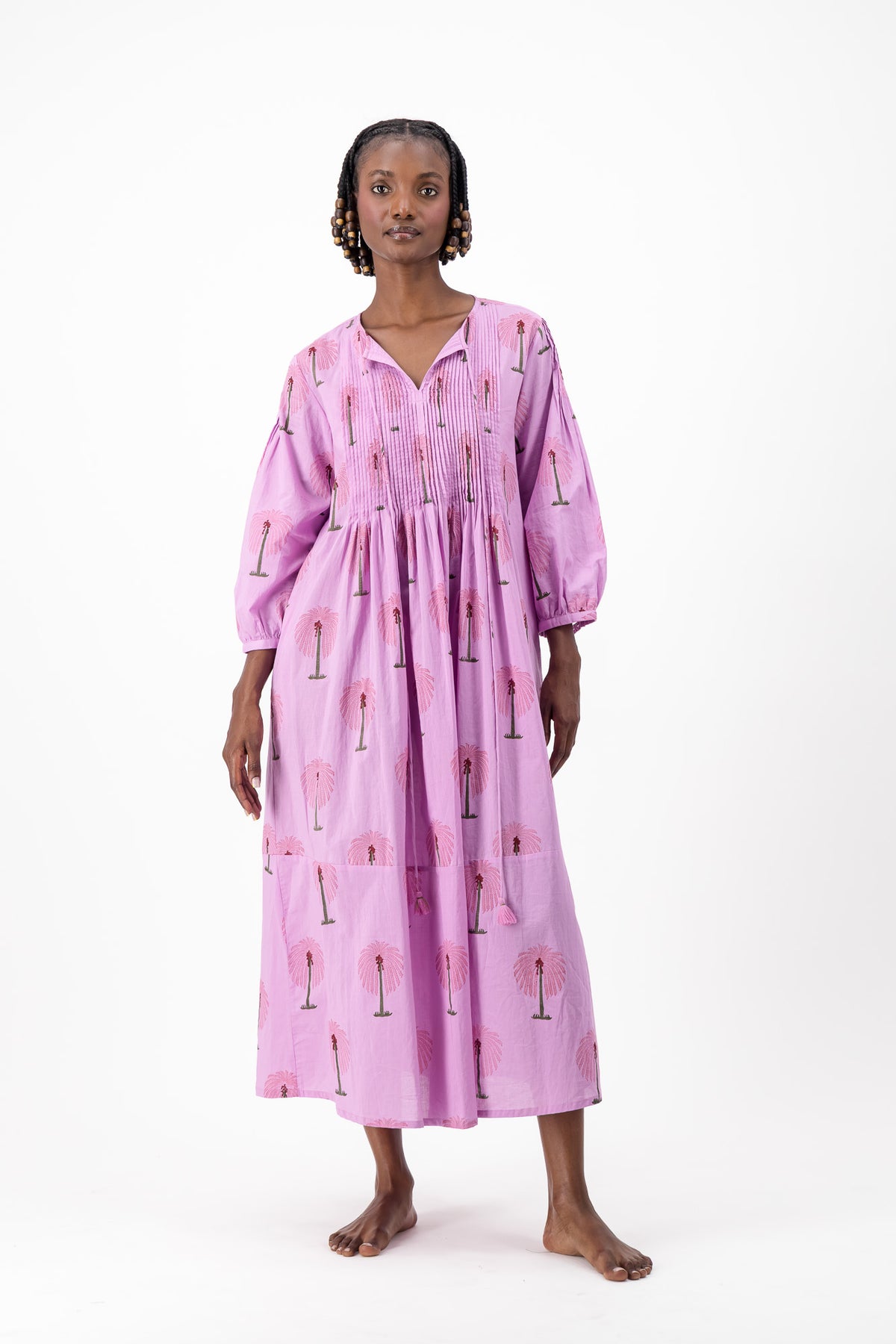 Long Pleated Kaftan - Lilac Palm