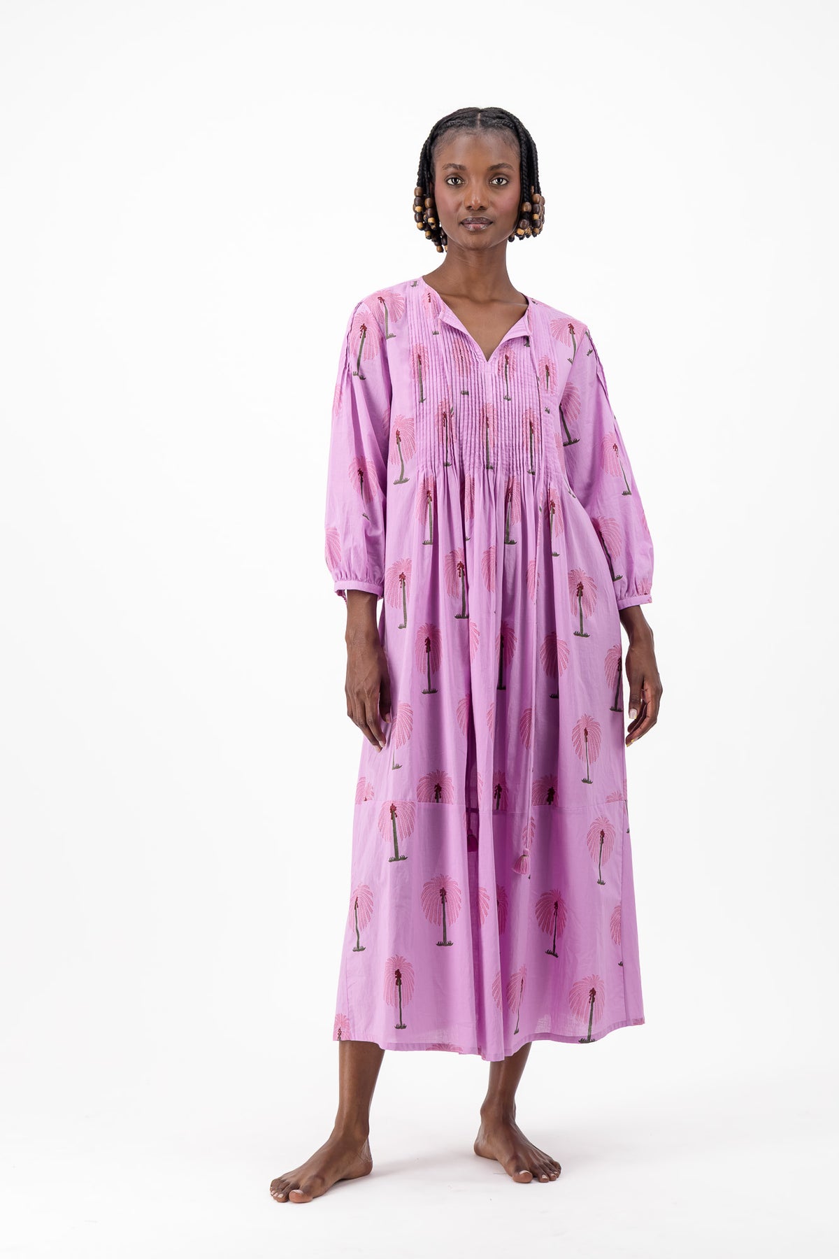 Long Pleated Kaftan - Lilac Palm