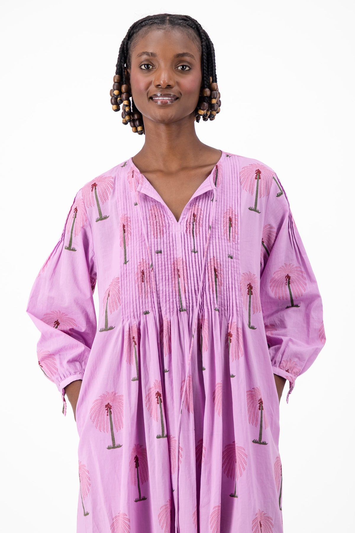 Long Pleated Kaftan - Lilac Palm