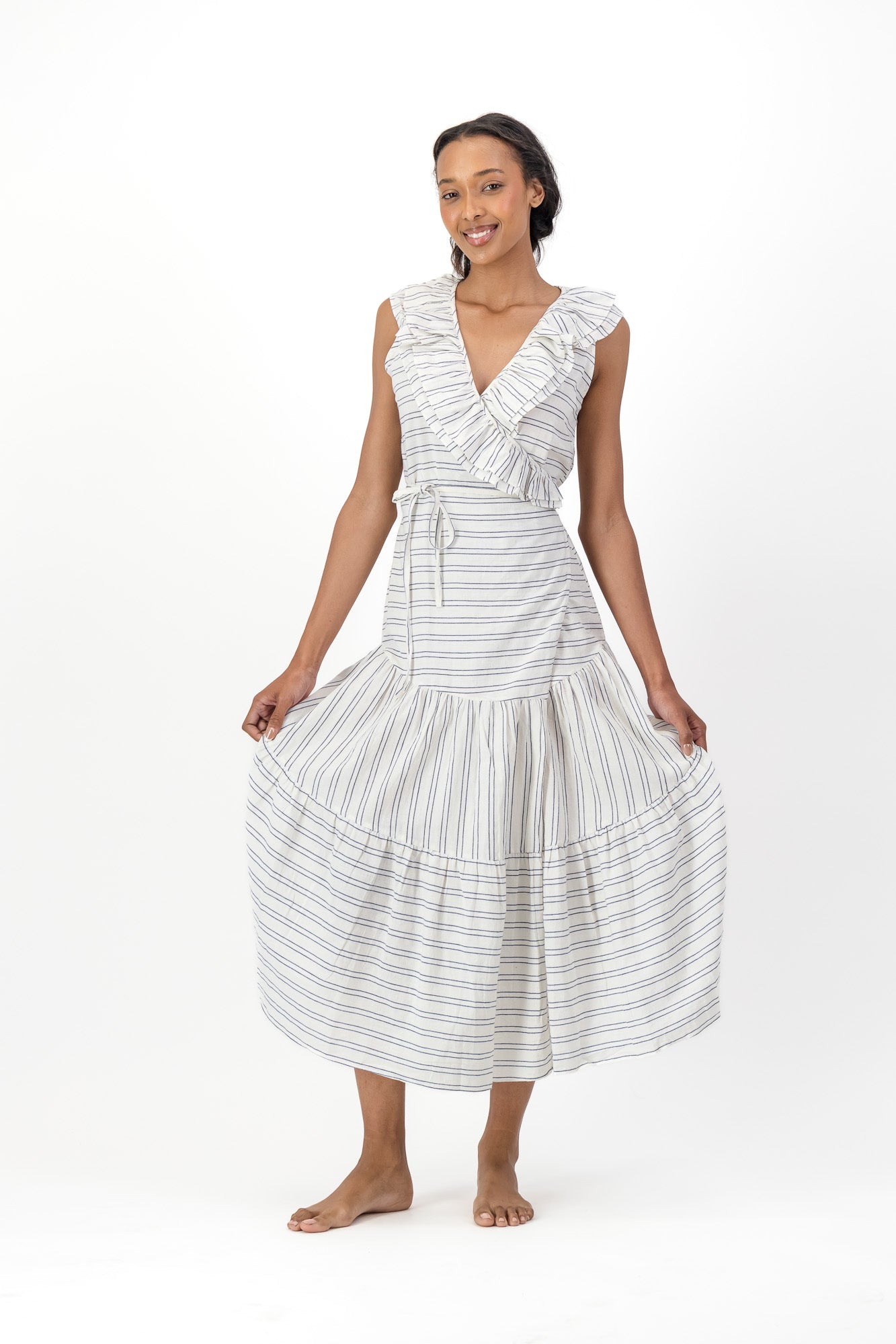 Frill Wrap Dress Handloom - Cream & Black Stripe