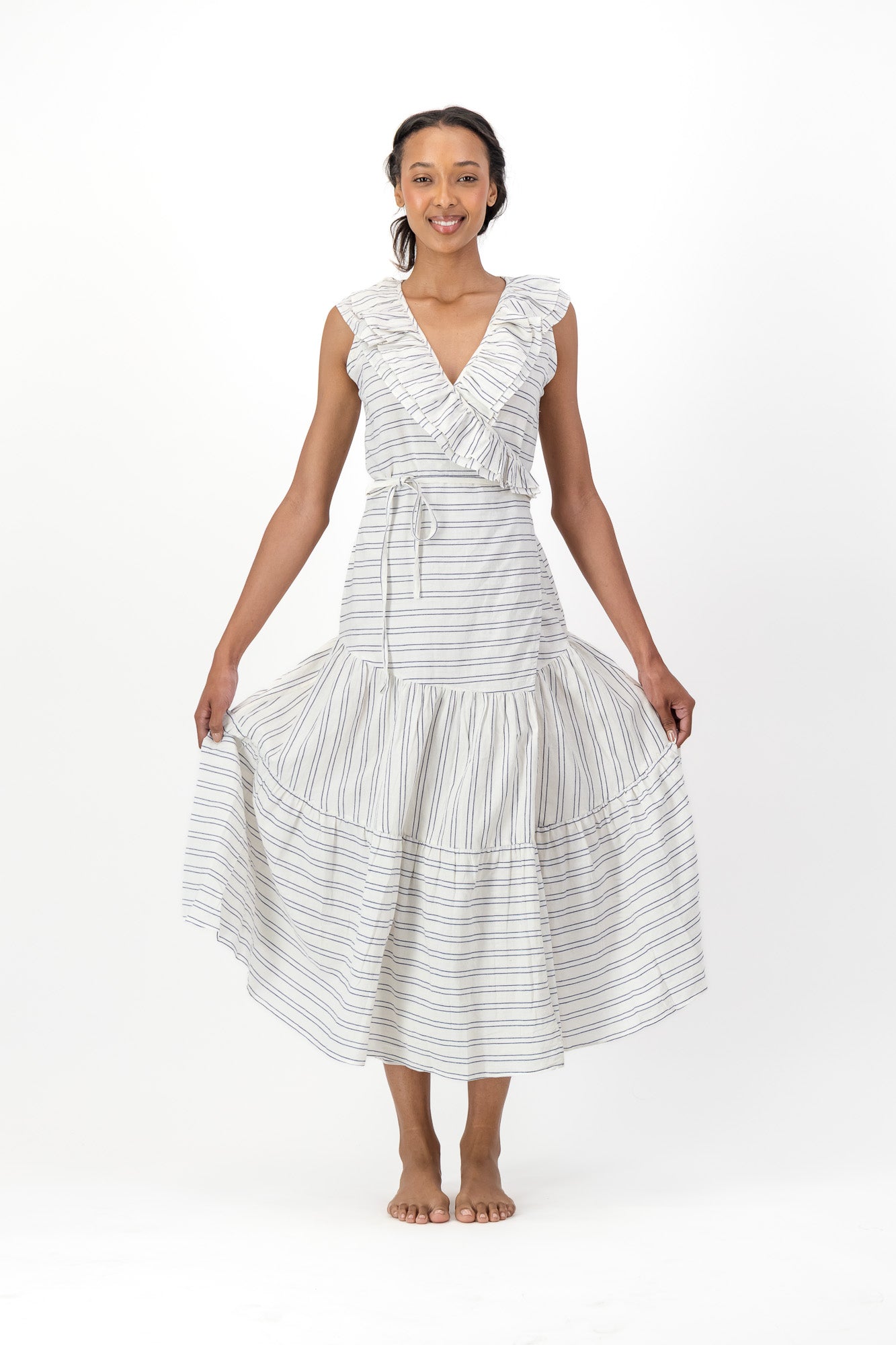 Frill Wrap Dress Handloom - Cream & Black Stripe