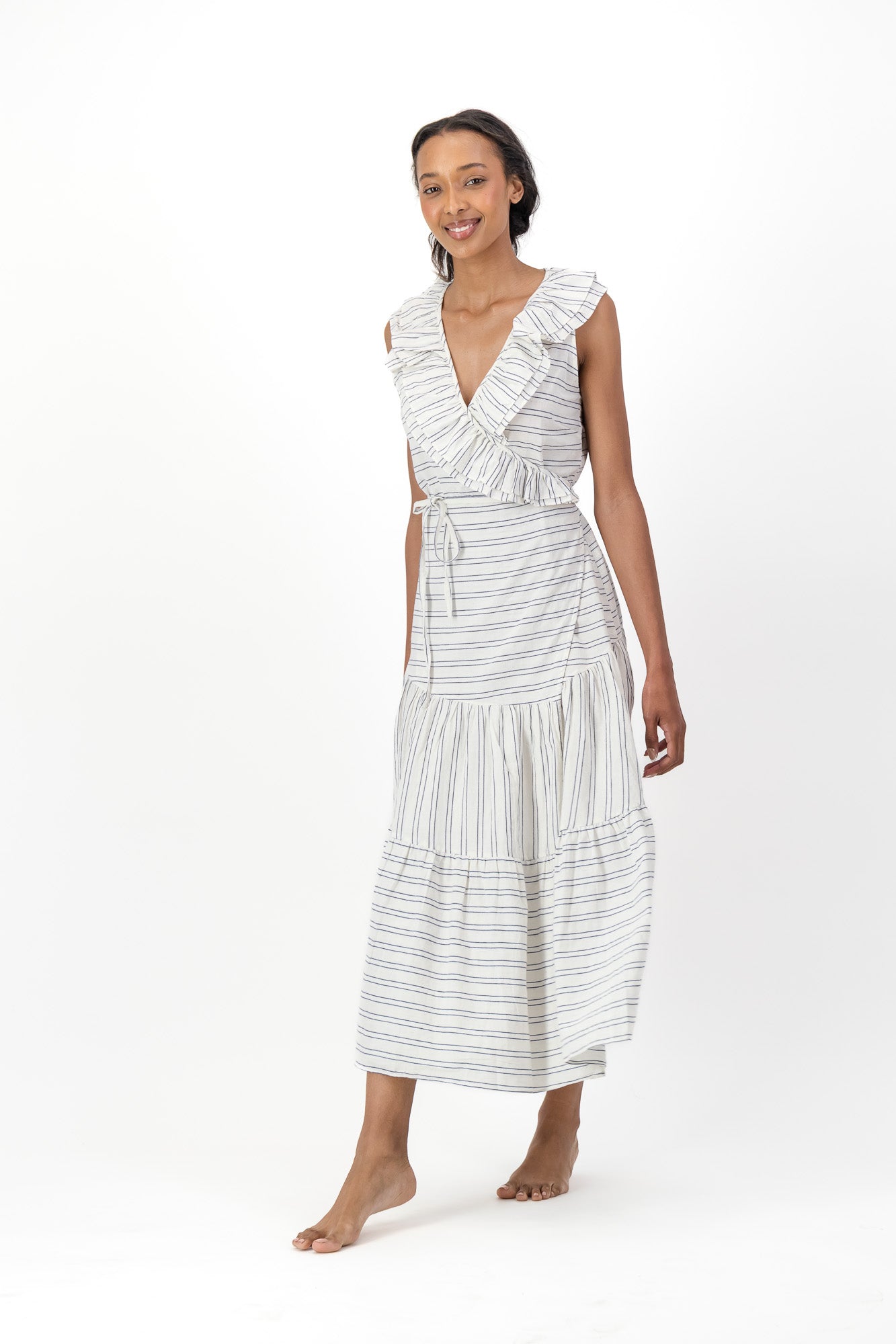 Frill Wrap Dress Handloom - Cream & Black Stripe