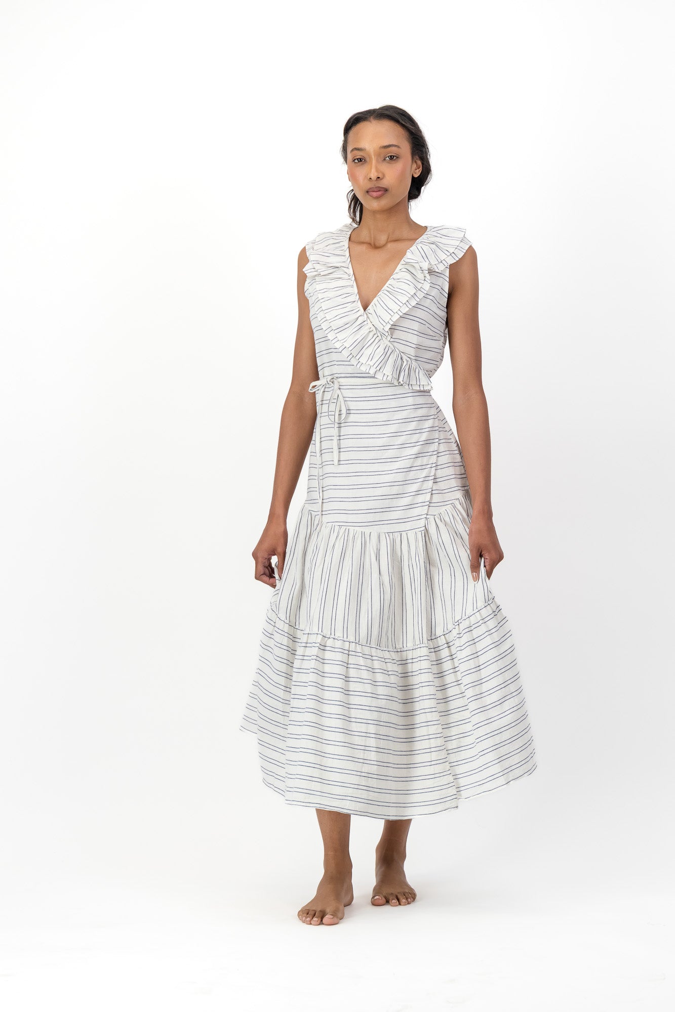 Frill Wrap Dress Handloom - Cream & Black Stripe