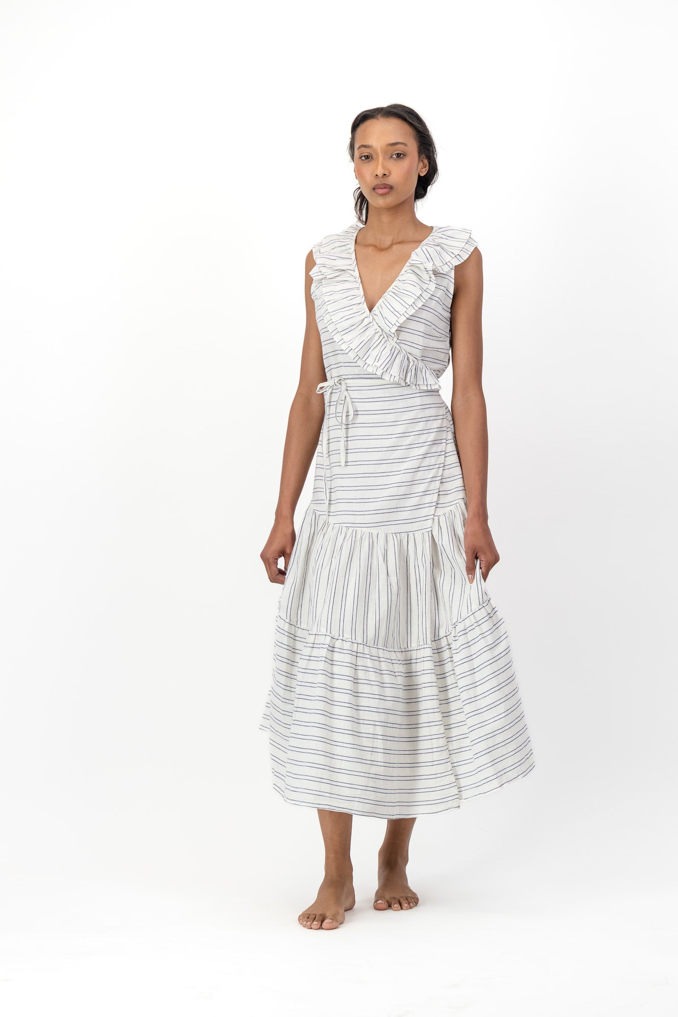 Frill Wrap Dress Handloom - Cream & Black Stripe