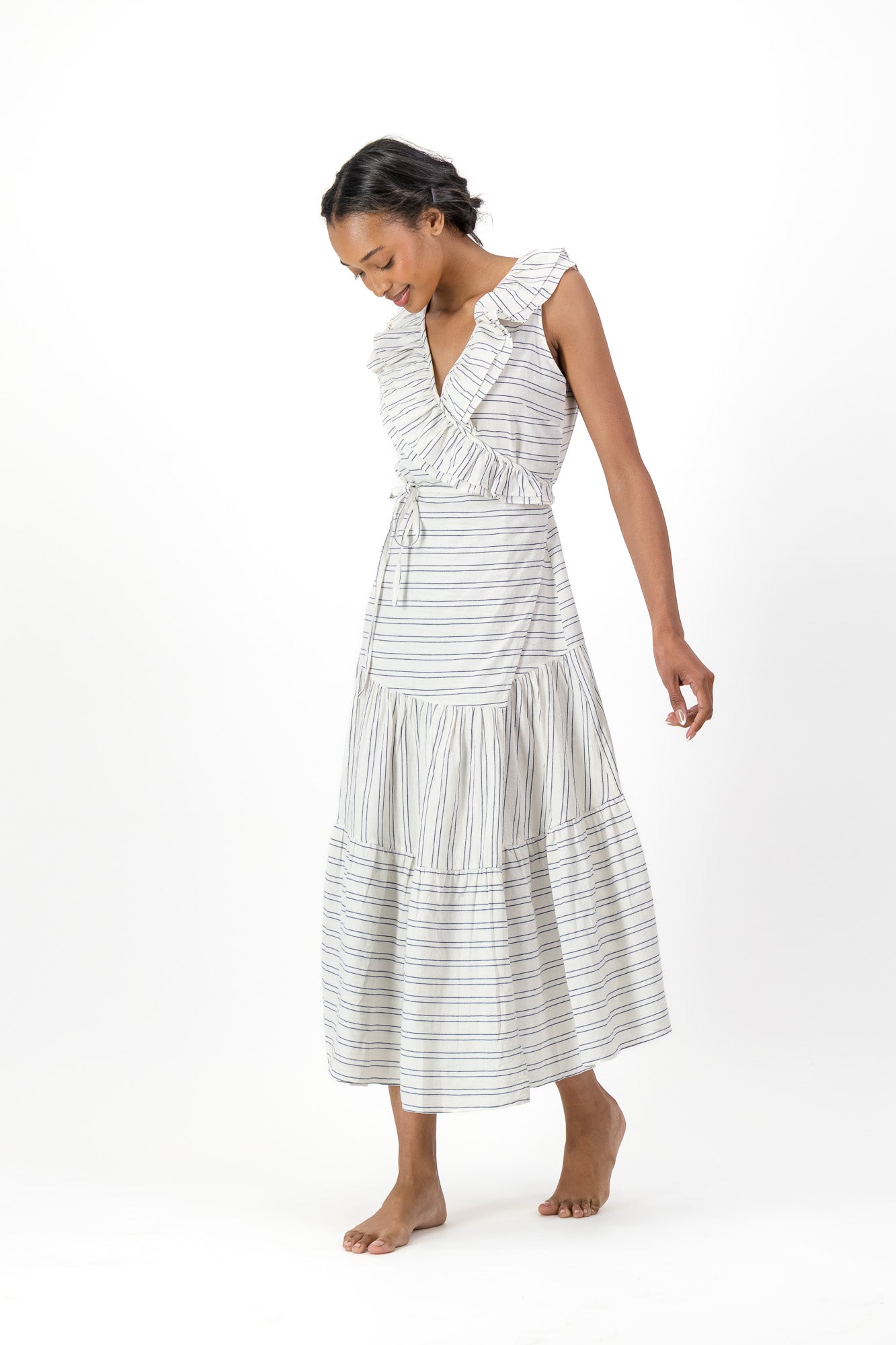 Frill Wrap Dress Handloom - Cream & Black Stripe