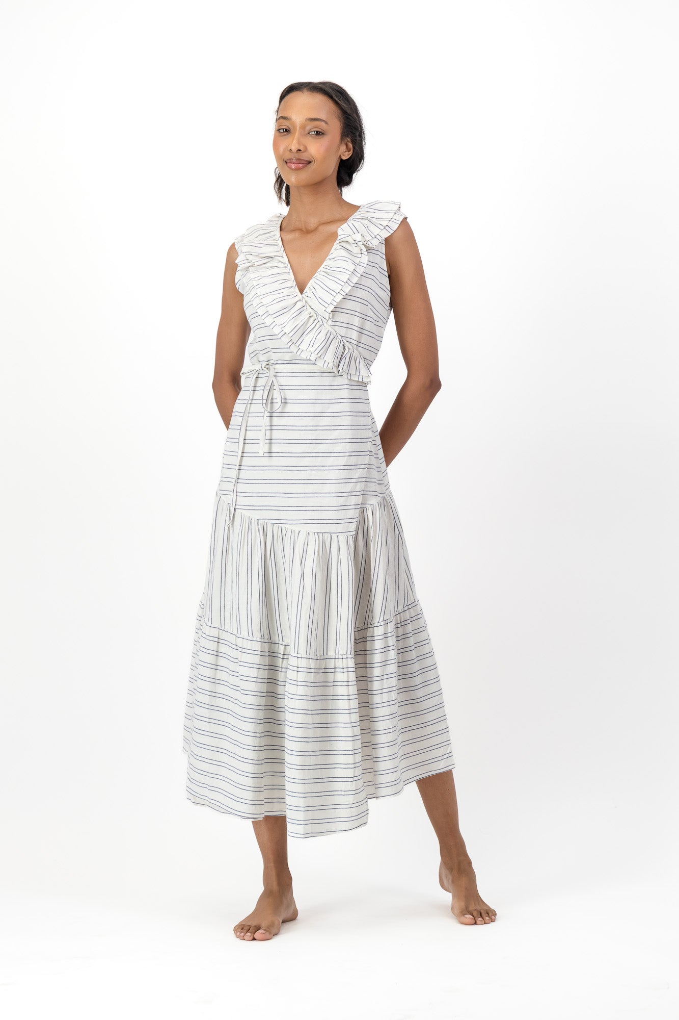 Frill Wrap Dress Handloom - Cream & Black Stripe