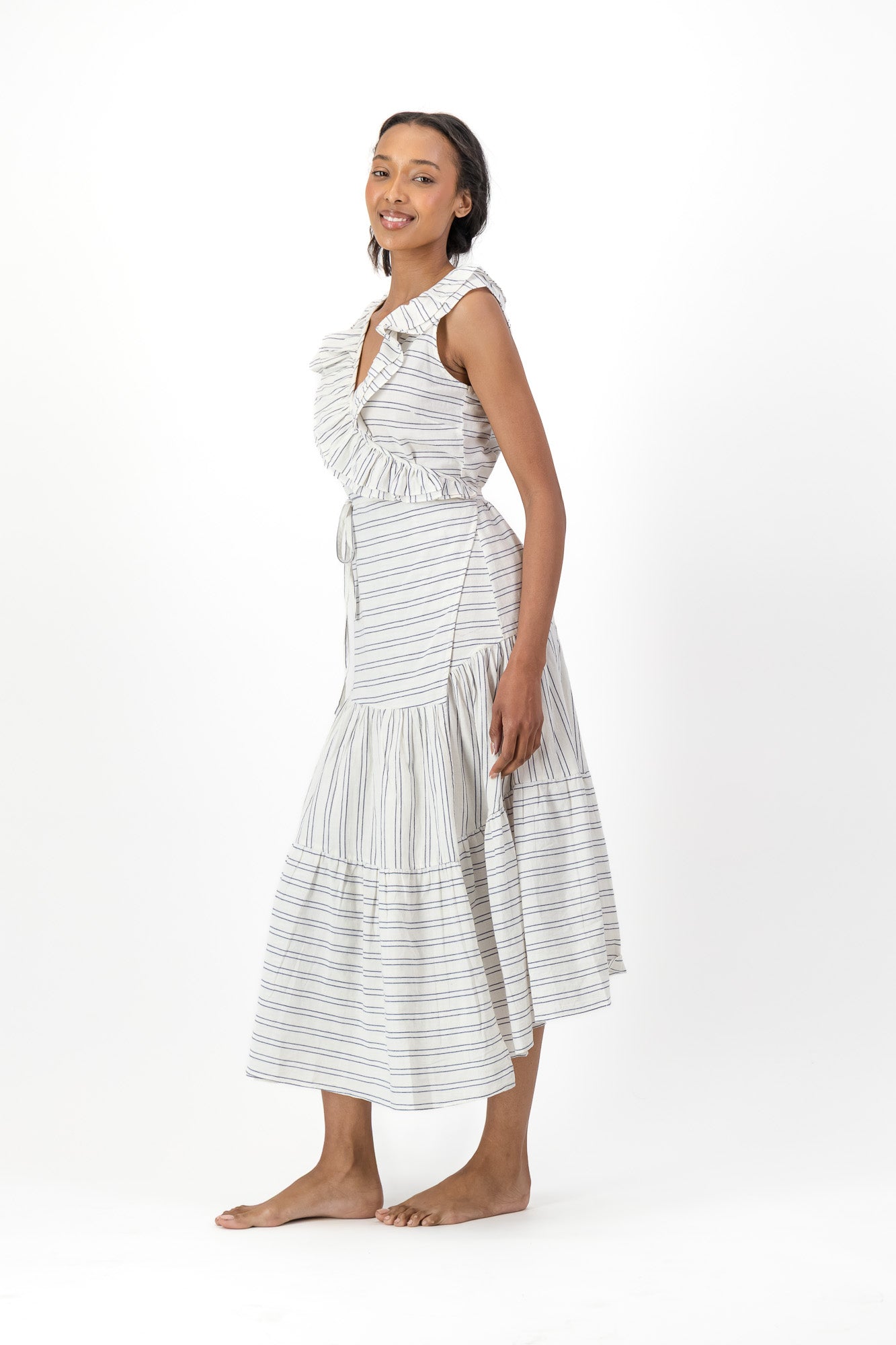 Frill Wrap Dress Handloom - Cream & Black Stripe