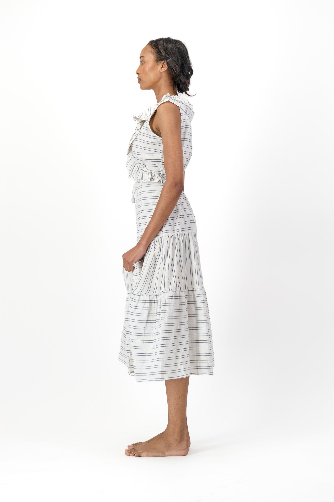 Frill Wrap Dress Handloom - Cream & Black Stripe