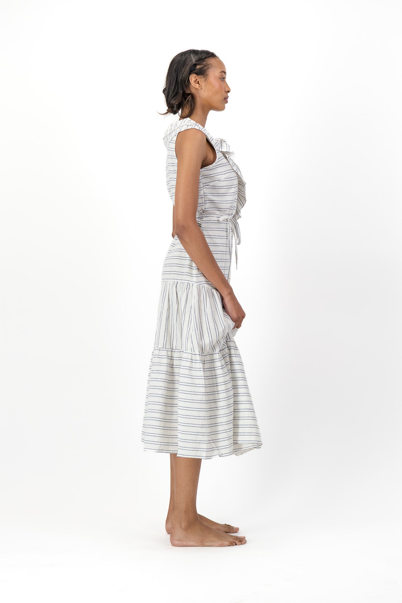 Frill Wrap Dress Handloom - Cream & Black Stripe
