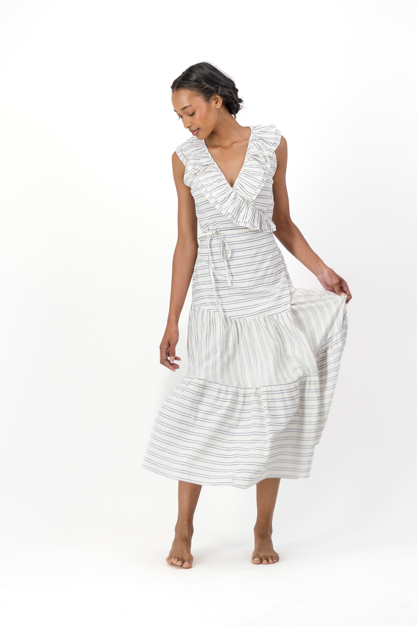 Frill Wrap Dress Handloom - Cream & Black Stripe