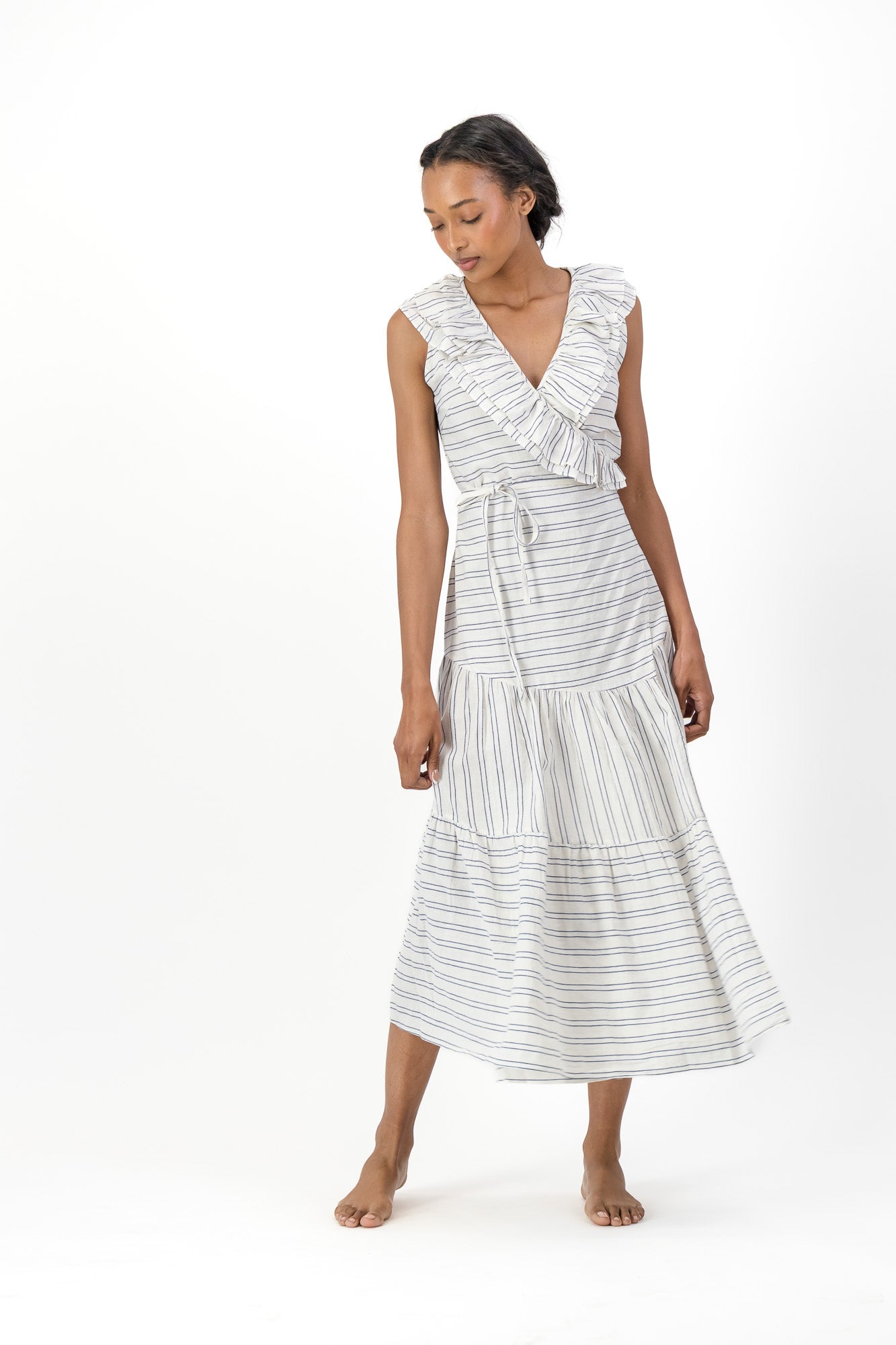 Frill Wrap Dress Handloom - Cream & Black Stripe