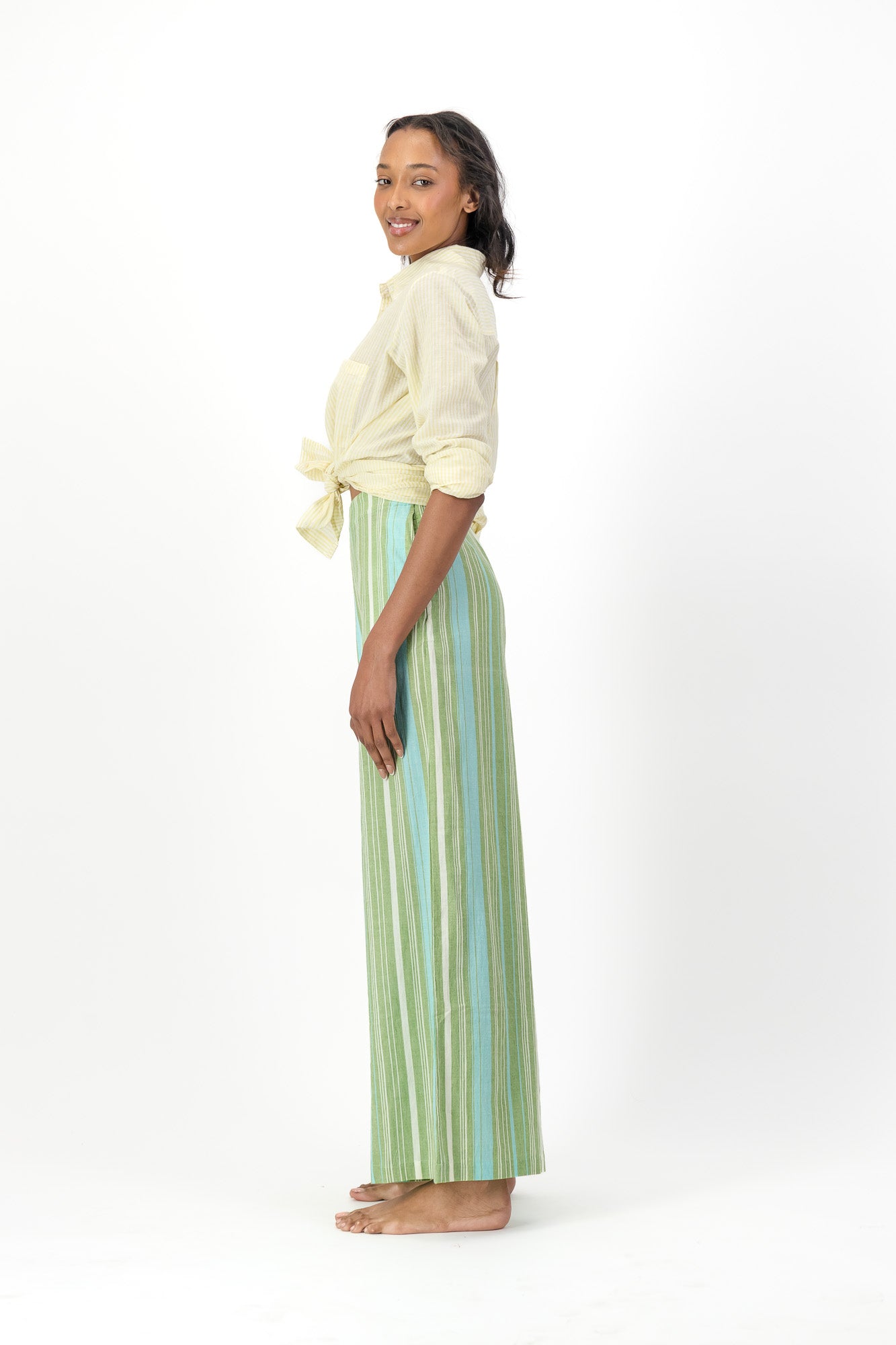 High Waisted Pants Handloom - Green & Blue Stripes
