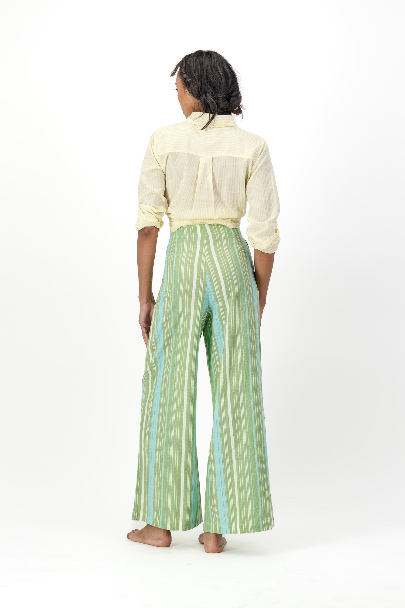 High Waisted Pants Handloom - Green & Blue Stripes