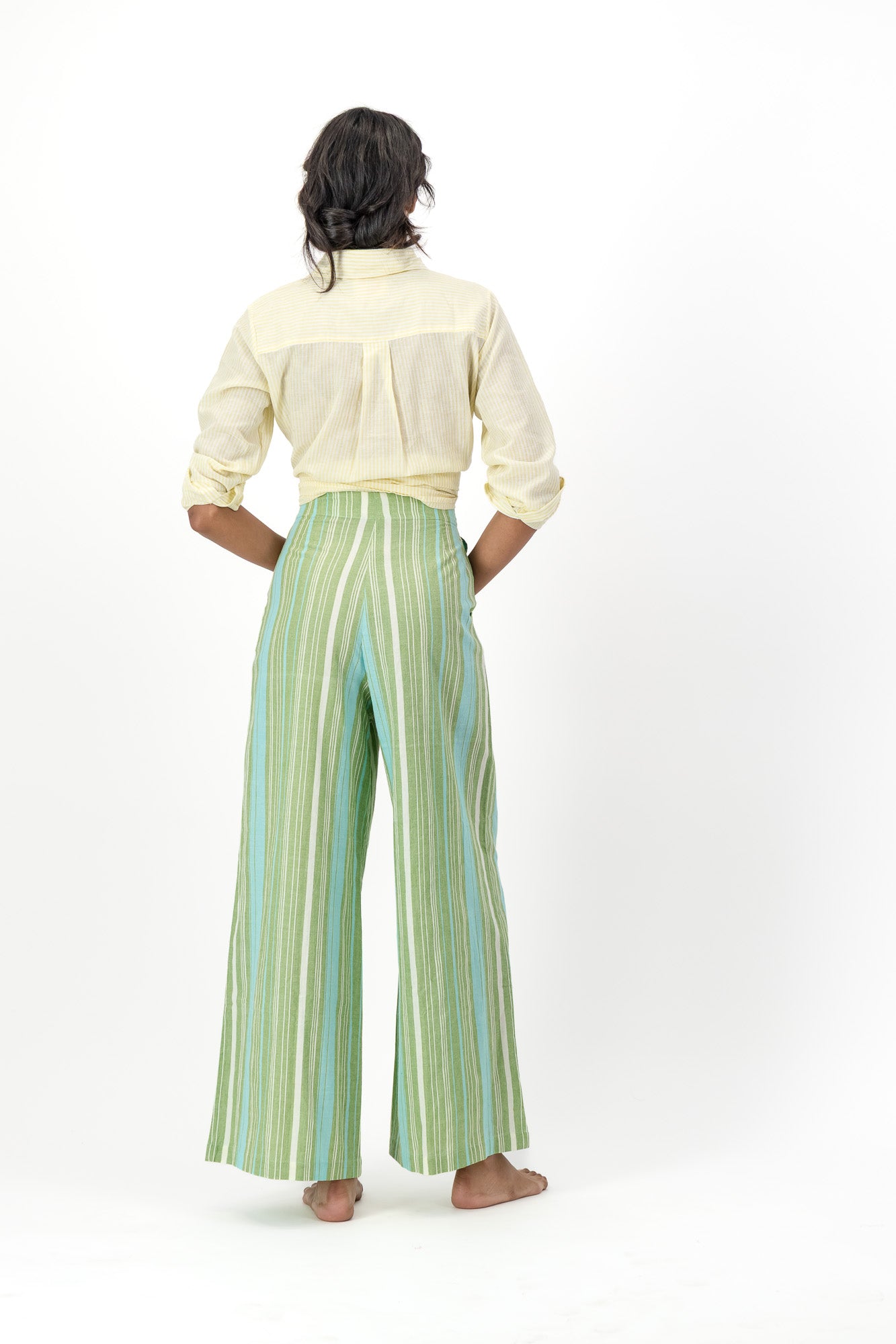 High Waisted Pants Handloom - Green & Blue Stripes