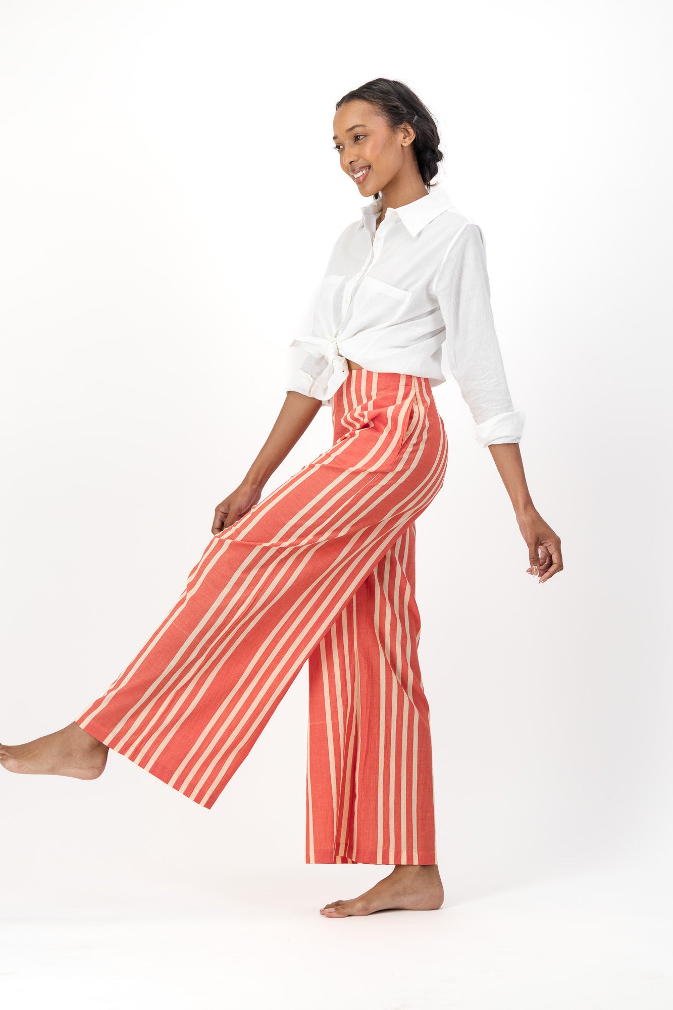 High Waisted Pants Handloom - Red & Cream Stripes