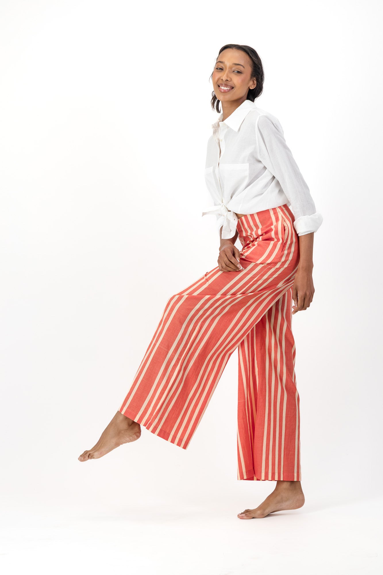 High Waisted Pants Handloom - Red & Cream Stripes