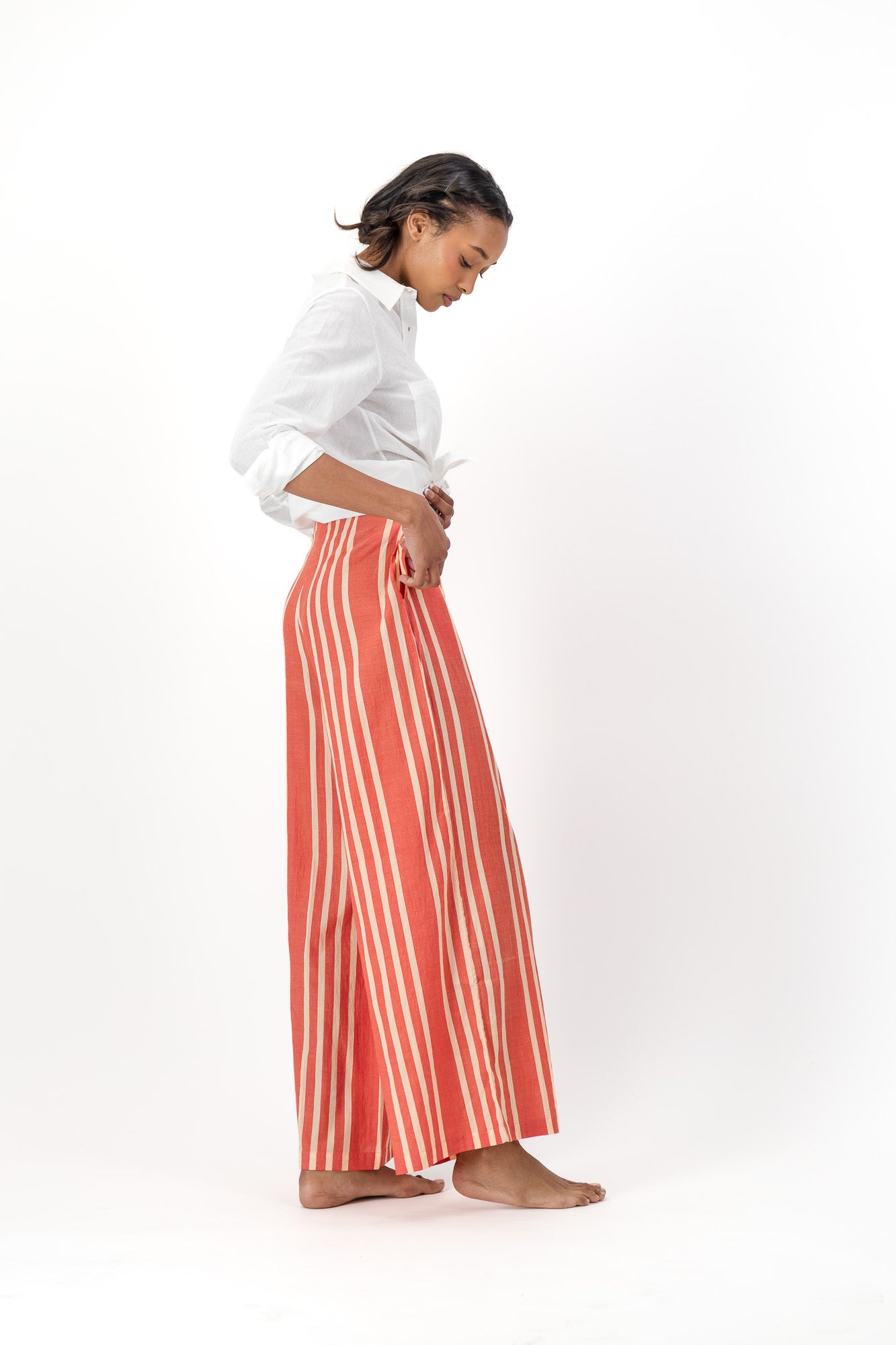 High Waisted Pants Handloom - Red & Cream Stripes