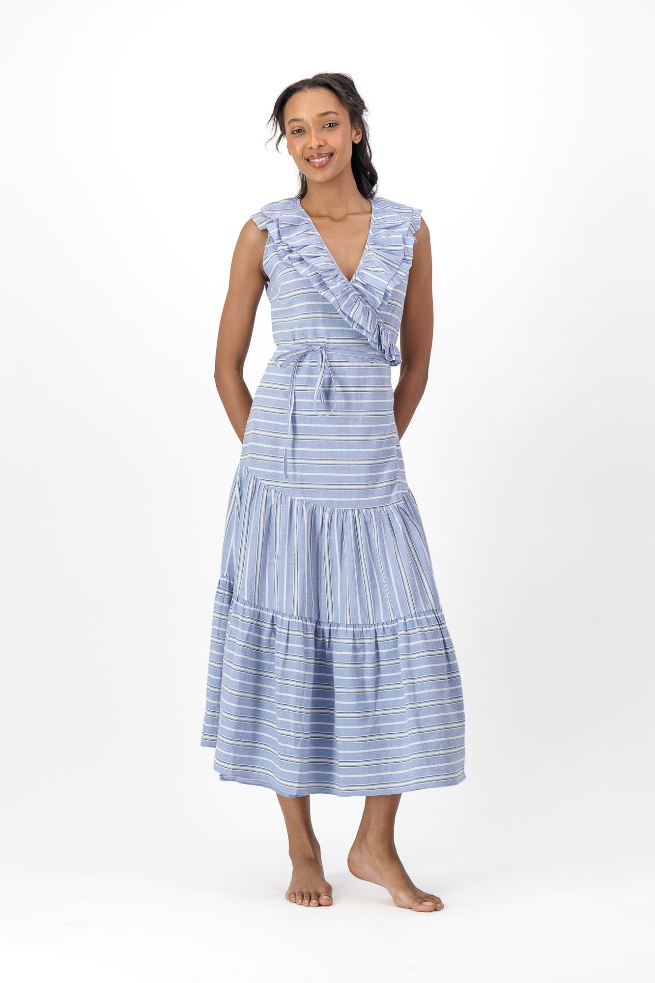 Frill Wrap Dress Handloom - Kentucky Stripe