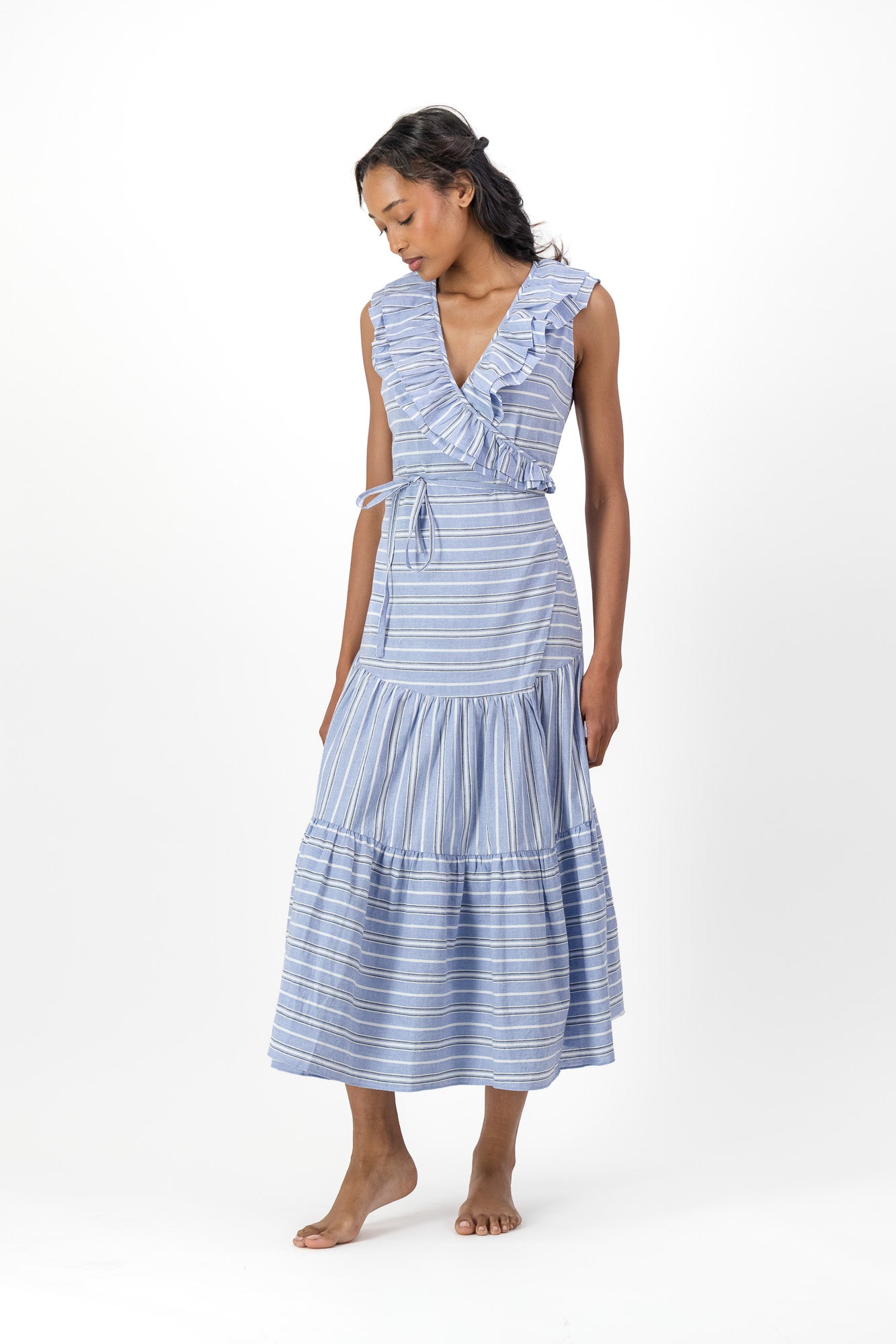 Frill Wrap Dress Handloom - Kentucky Stripe