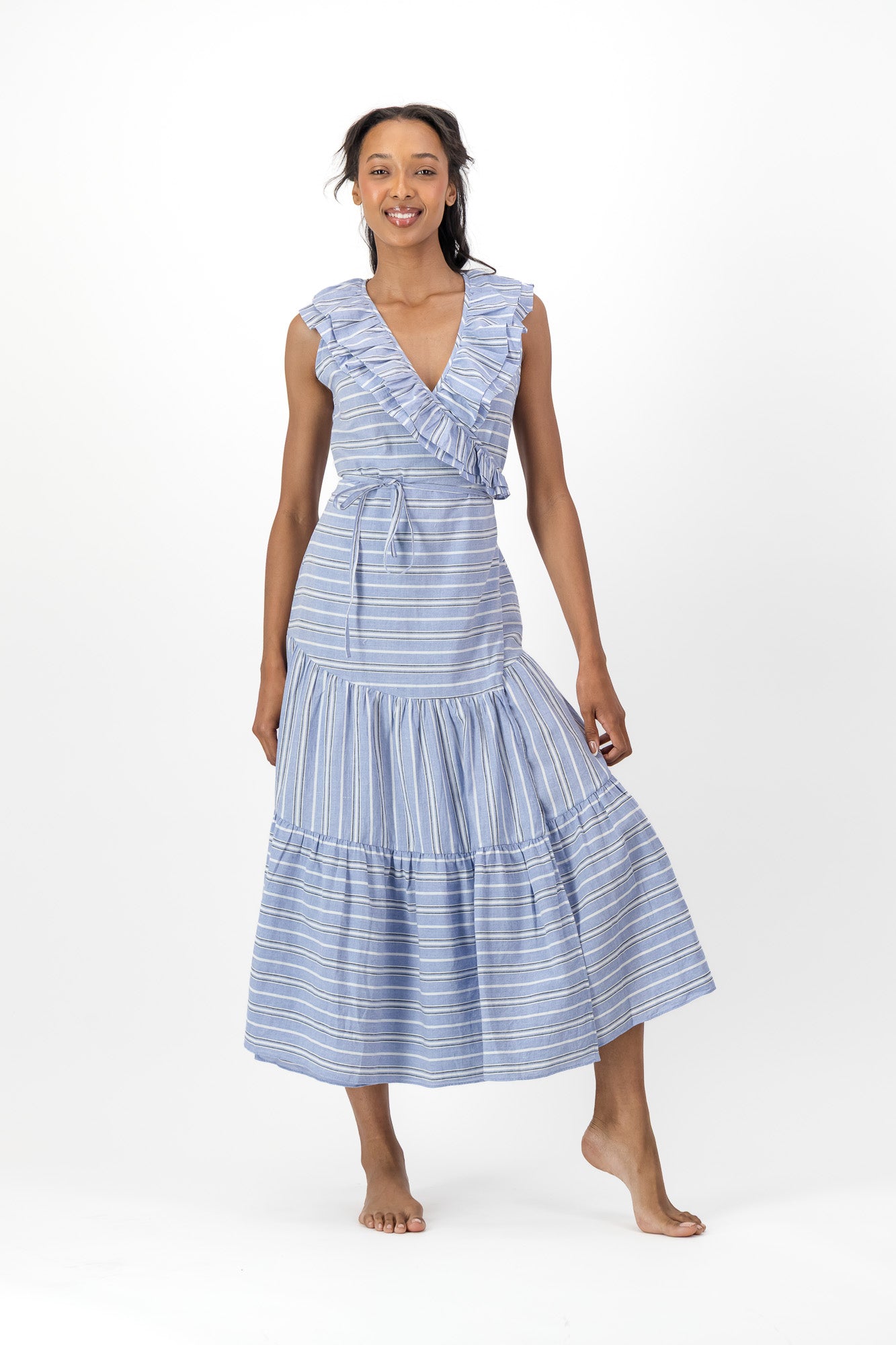 Frill Wrap Dress Handloom - Kentucky Stripe
