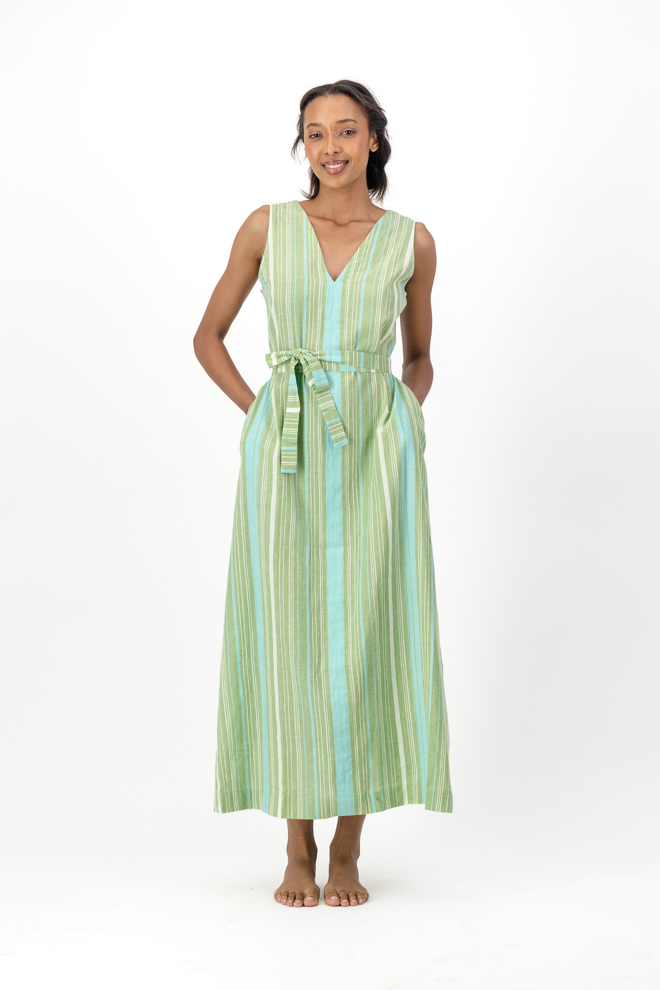 Freedom Dress Handloom - Blue & Green Stripe