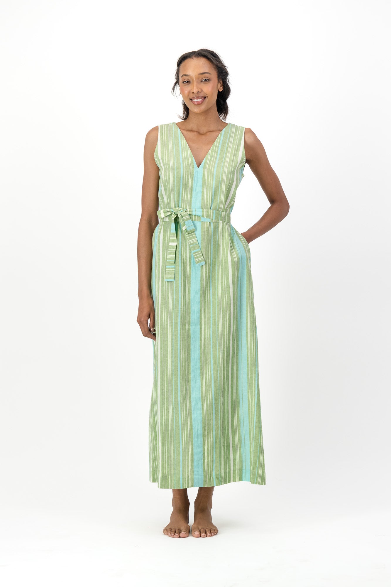 Freedom Dress Handloom - Blue & Green Stripe
