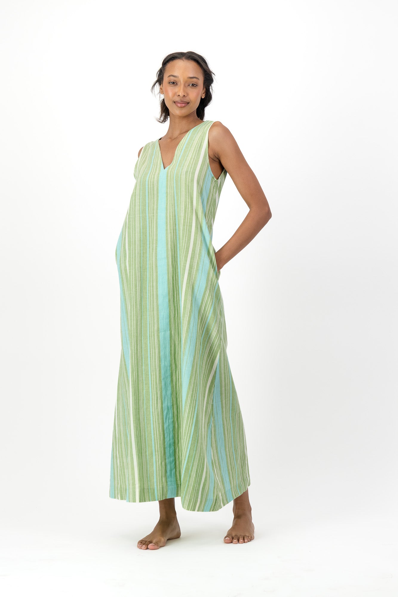 Freedom Dress Handloom - Blue & Green Stripe