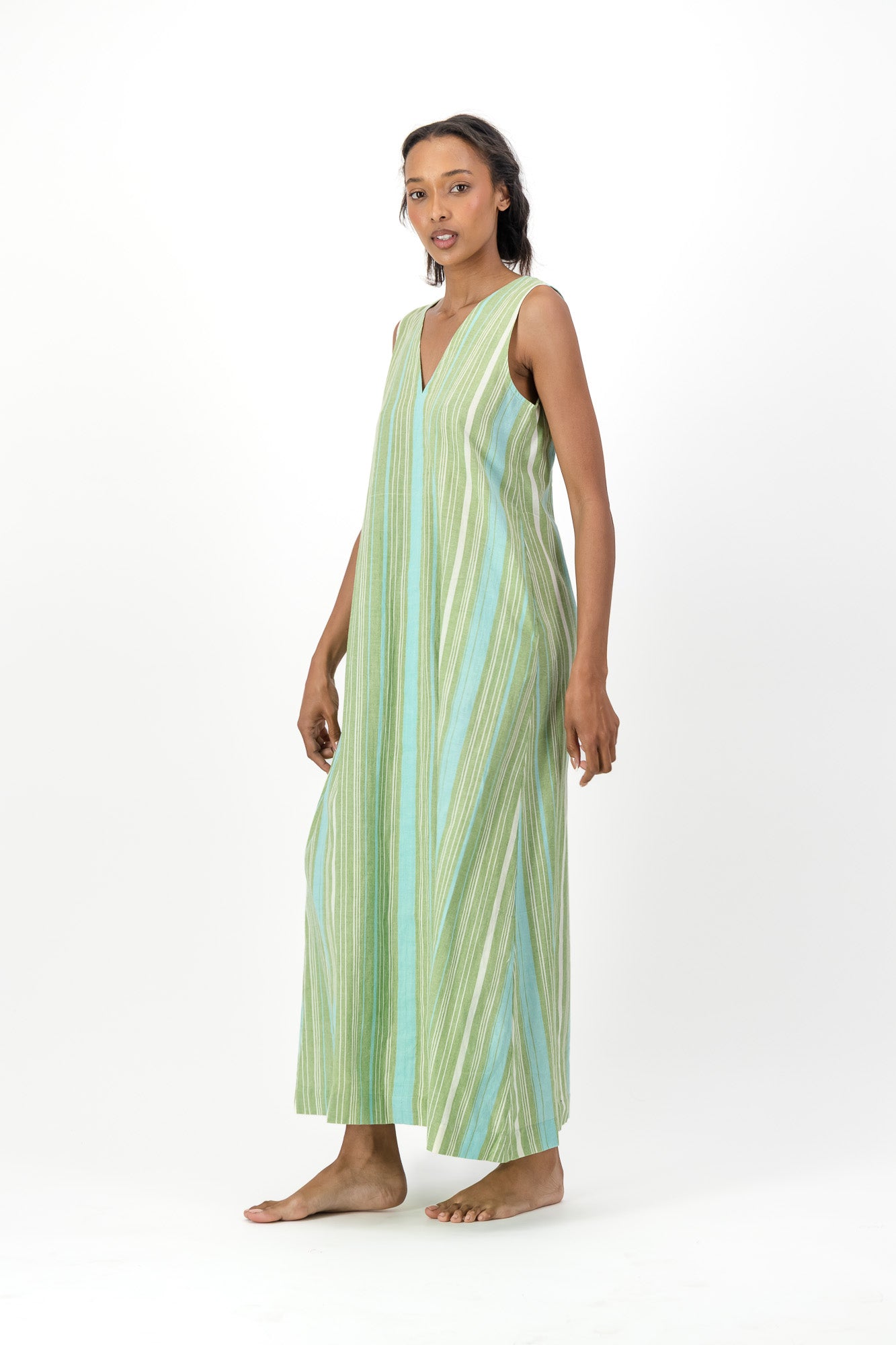 Freedom Dress Handloom - Blue & Green Stripe