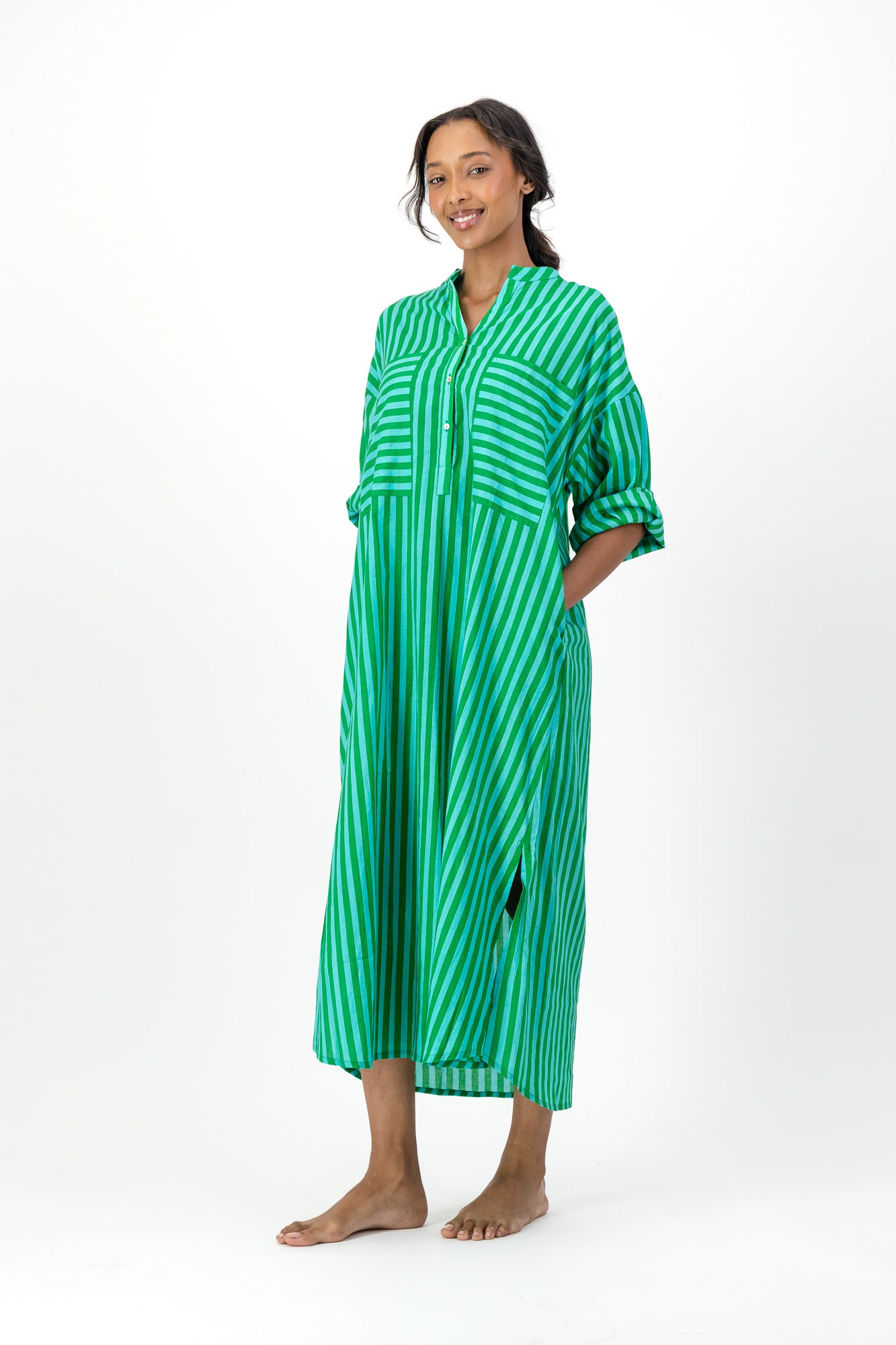 Madeline Dress - Green & Blue Stripe