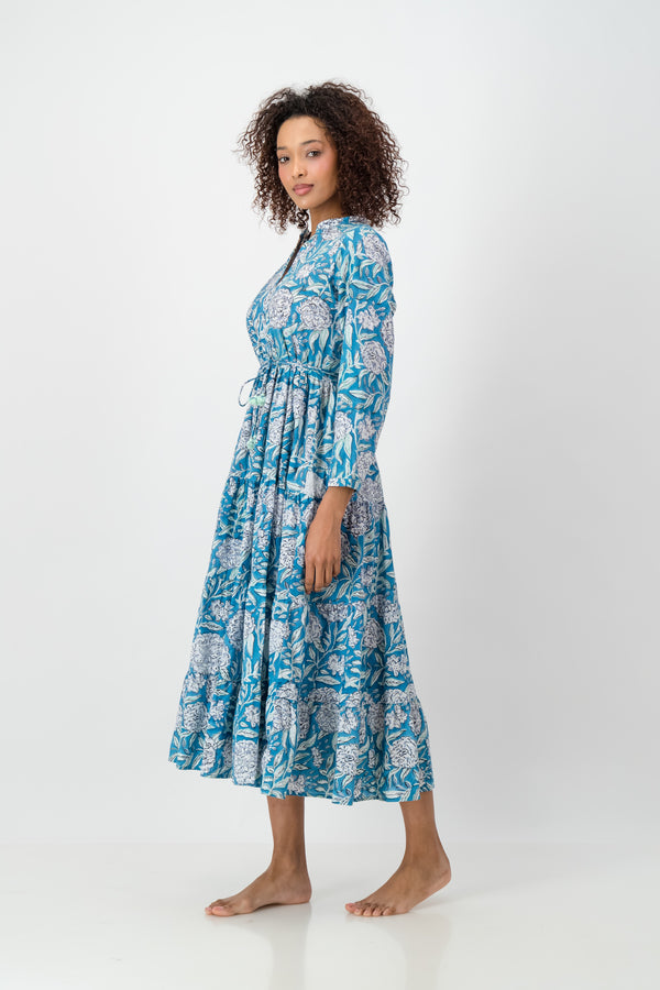 Isolde Dress - Turquoise White Flower