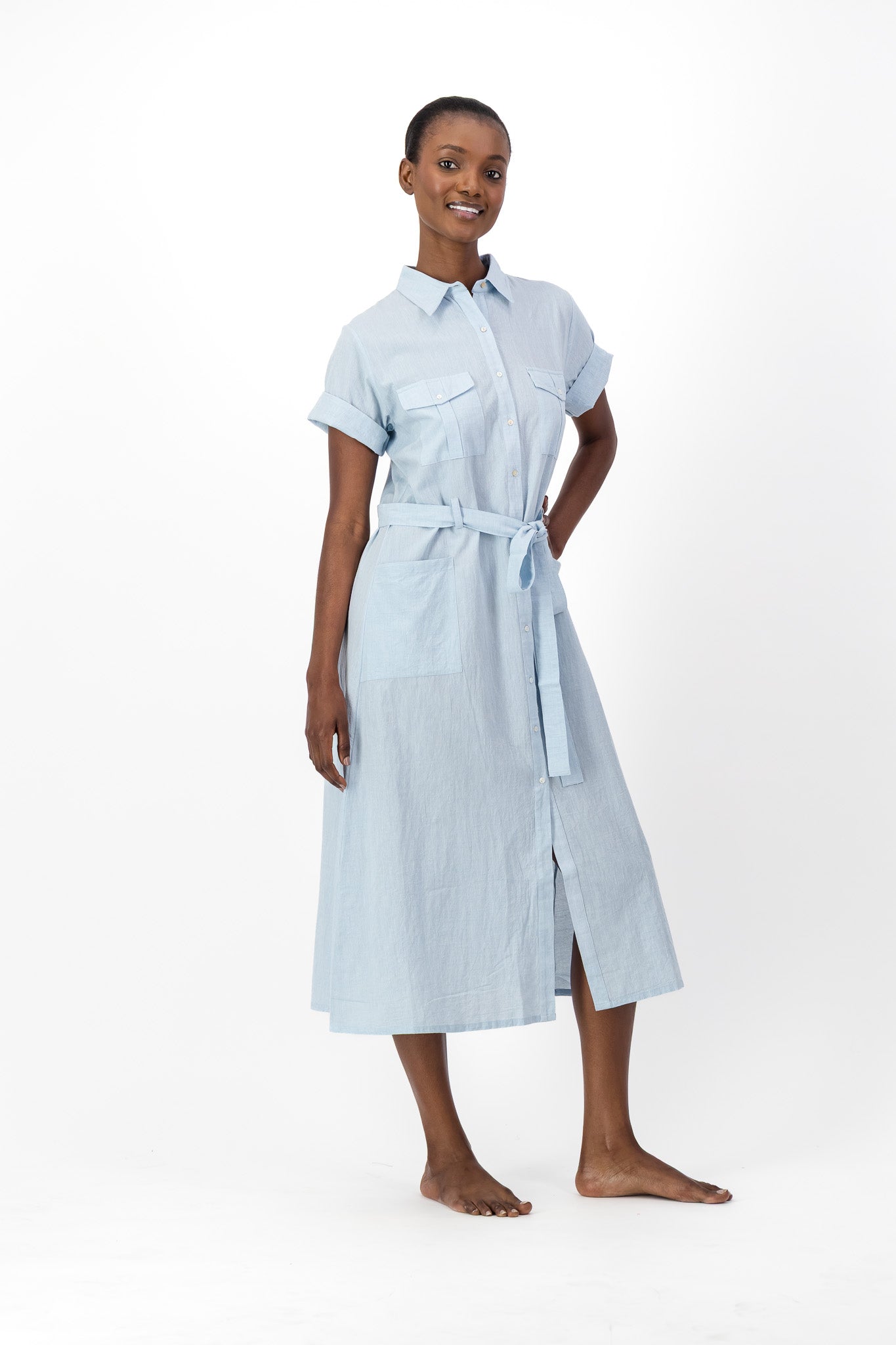 Safari Shirt Dress Handloom - Light Blue
