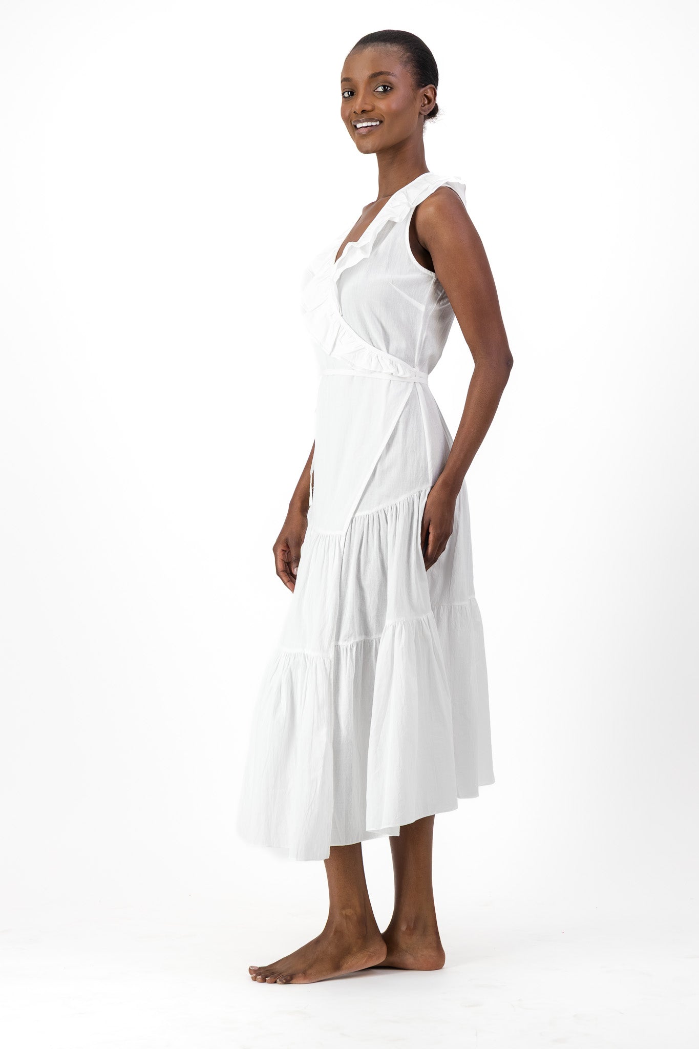 Frill Wrap Dress Handloom - White