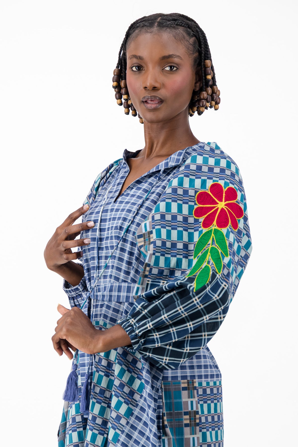 Samantha Dress - Navy Check Embroidery